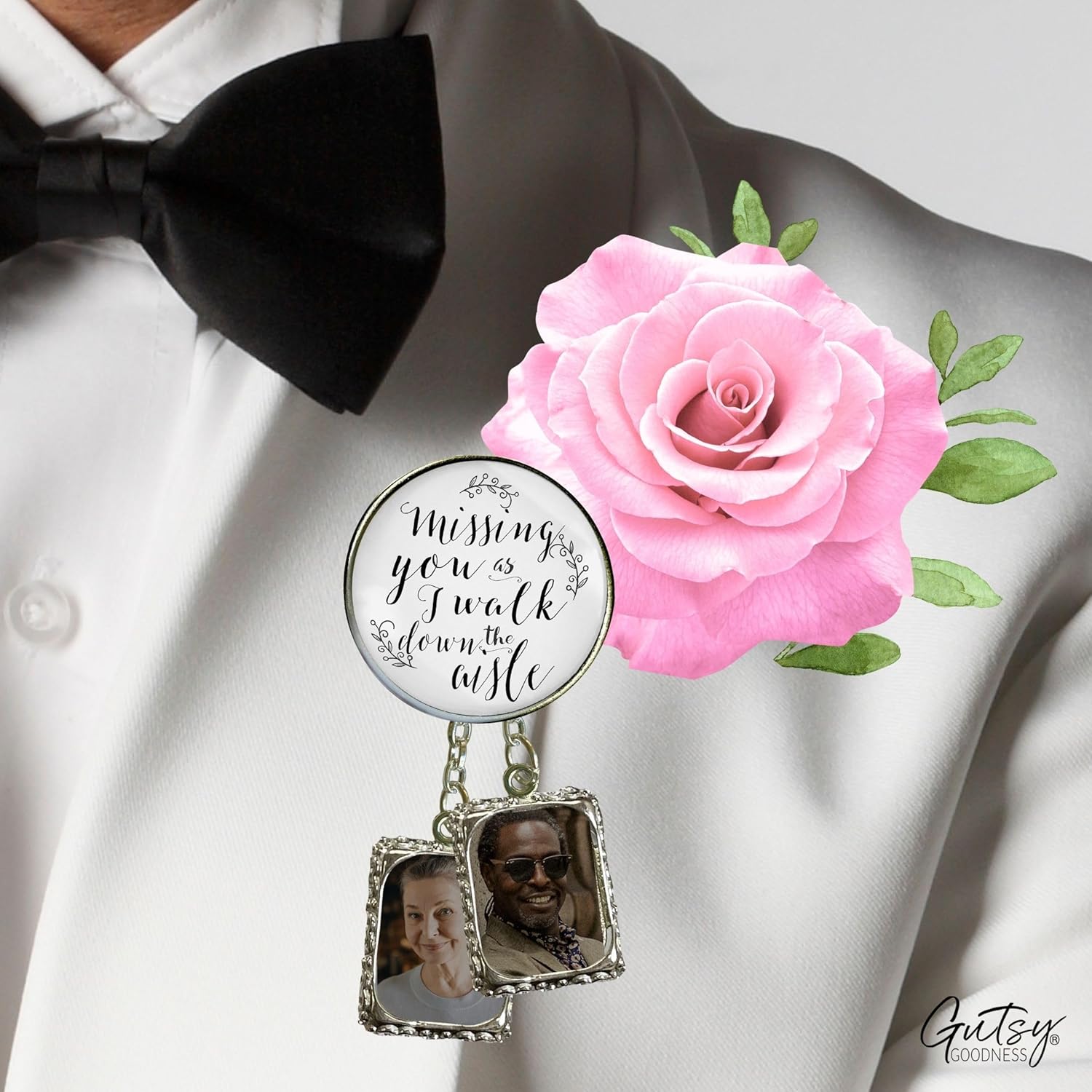 Gutsy Goodness Grooms Boutonniere Lapel Pin Missing You Wedding Day Memorial Photo Charm Parent Grandparent Friend Memory - Personalize Picture in Frame Option - Handmade Mens Brooch - Card Gift Box - Image 6