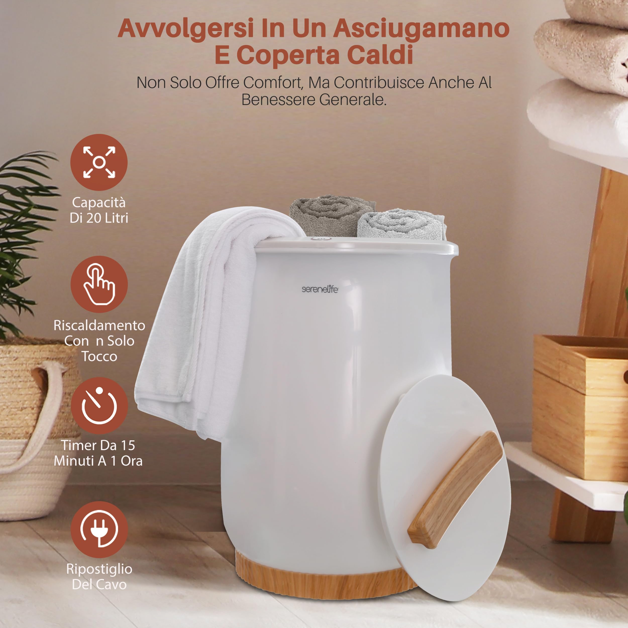 SereneLife Scaldasalviette Bianco, Scaldasalviette Grande per Spa e Bagno, Lusso Regalo per Lui e Lei, Spegnimento Automatico, Adatto a 2 Asciugamani Grandi, Coperte, Accappatoi, Pigiami (Bambù)