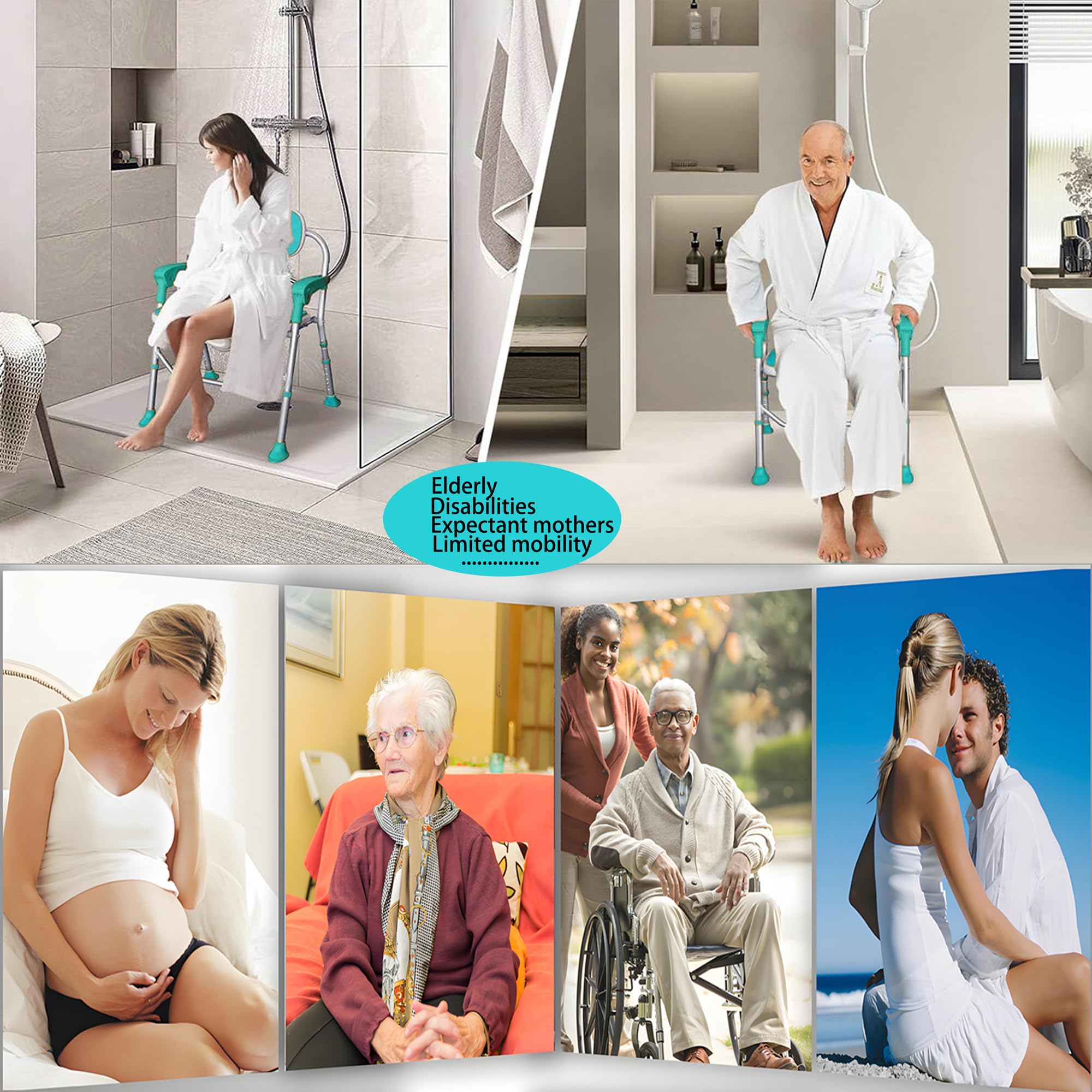 Silla de ducha plegable con brazos y respaldos, asiento en forma de U 3D, altura ajustable y asiento interior antideslizante para discapacitados, ancianos, futuras madres y adultos