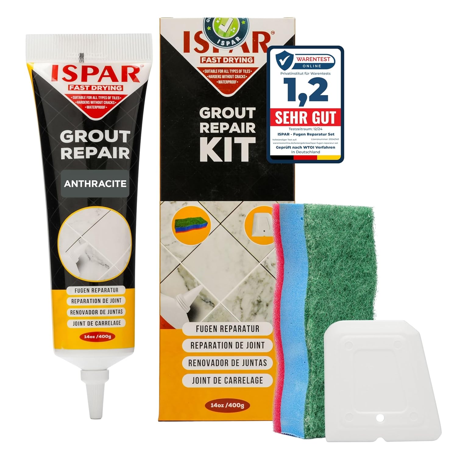 ISPAR Joint Repair Set (400 g) for Tile Joints with Spatula and Sponge, Tile Grout, Sealant for Renewing the Joints, Quick-Drying Grout for Tiles, (Anthracite Grey)