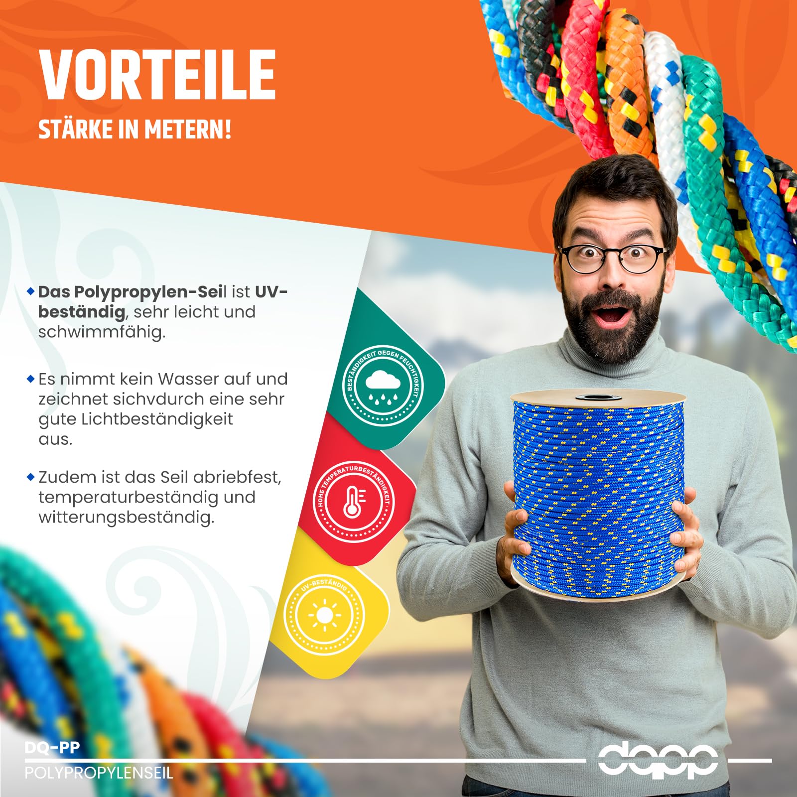 DQ-PP Corde Polypropylene | Orange | 200 mètres | 3 millimètres d'épaisseur | Grapin Cordage | Marine Ficelle | Filet Cordage Cordelette Levage