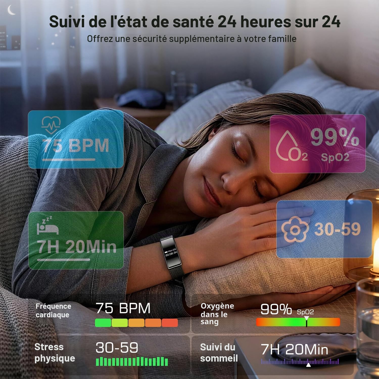 Bracelet Connecté Femme Homme, Montre Connectée de Surveillance de la Sante, Batteries Rechargeable, IP68, Suivi Sommeil & Cardio, SpO2, Bracelet d’activité Sport et Santé avec 20+ Modes