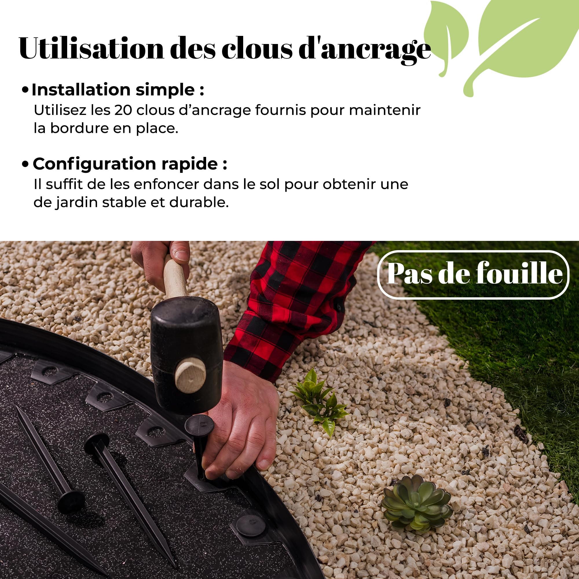 GARDENIX Bordure de pelouse Flexible en Plastique - Résistante aux intempéries - Ronde - Bordure de Parterre de Fleurs - Noir - 10 m - 20 piquets - Hauteur : 6 cm - pour Jardins et tondeuses Robots