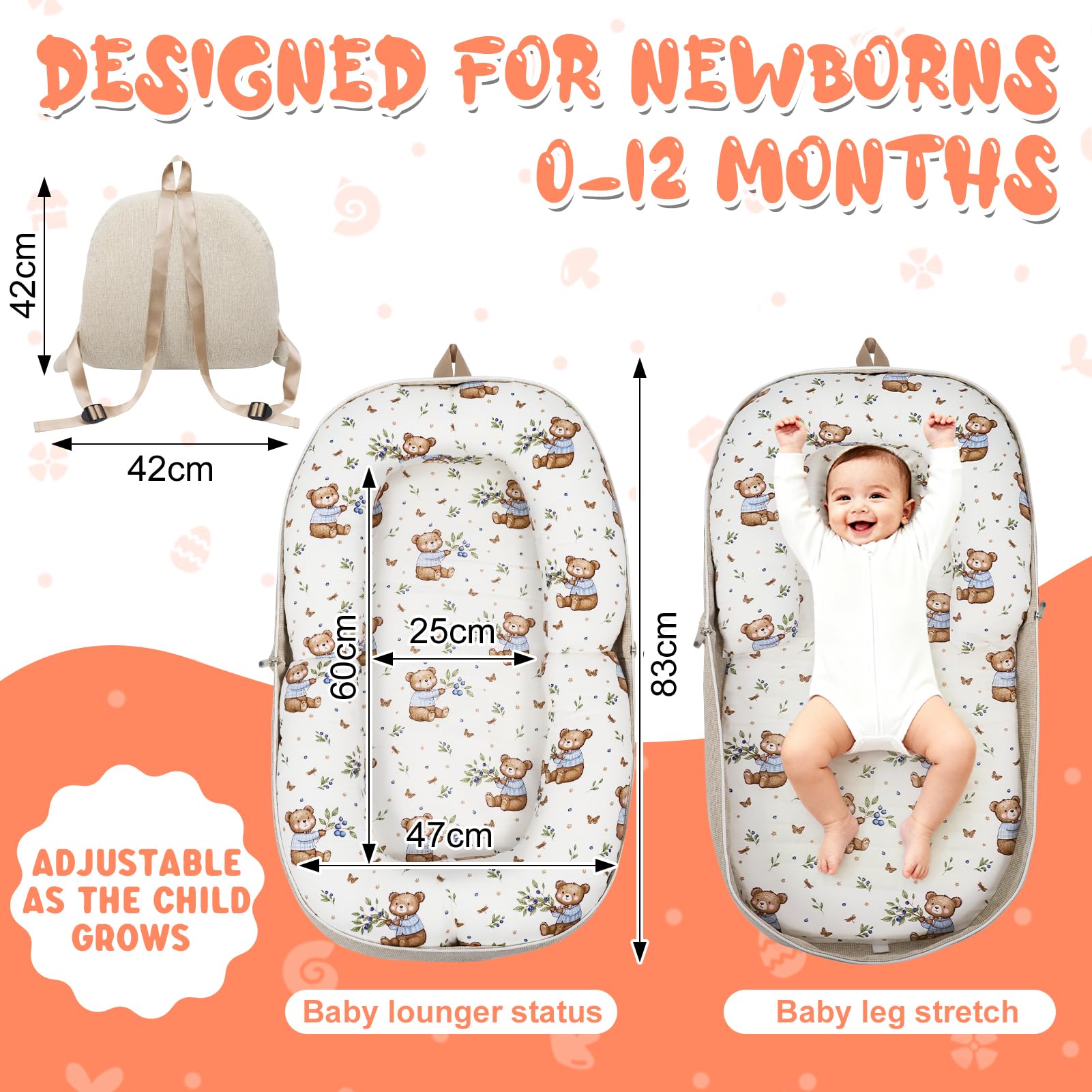 YGJT Lettino per neonati da 0 a 12 mesi | Zainetto portatile stile nido per bambini per viaggiare facilmente, regali essenziali per neonati