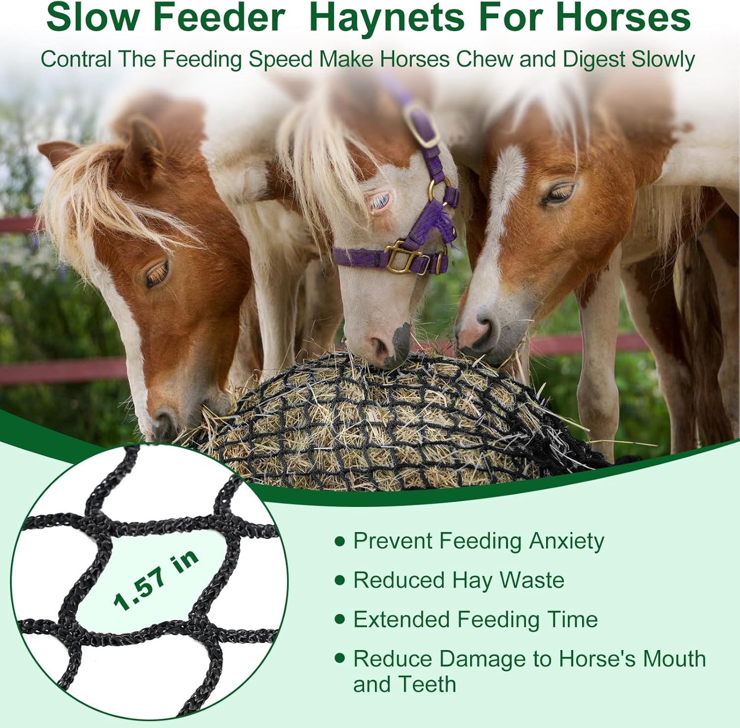 5x5ft Round Bale Hay Net for Horses, Large Thick & Durable Nylon Knotless Slow Feeder Hay Nets for HorsesGoats Healthier Feeding Solution