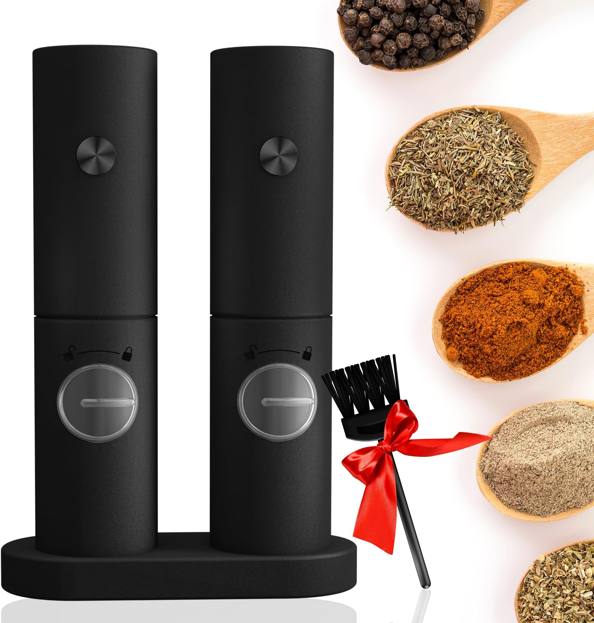 Quality Store Co Salt and Pepper Shakers Set Electric, ABS Automatic Salt and Pepper Grinder Set with Storage Base, Adjustable Coarseness Electric Salt and Pepper Grinder Set, Black