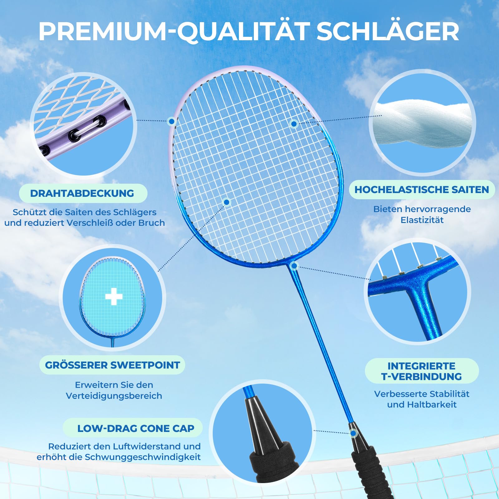 HIRALIY Badminton Schläger für Spiele im Freien, leichtes Federball 4er-Set für Kinder & Erwachsene & Anfänger, inklusive 4 Schläger, 12 Nylon-Federbälle, 4 Ersatz-Griffbänder, 1 Tragetasche