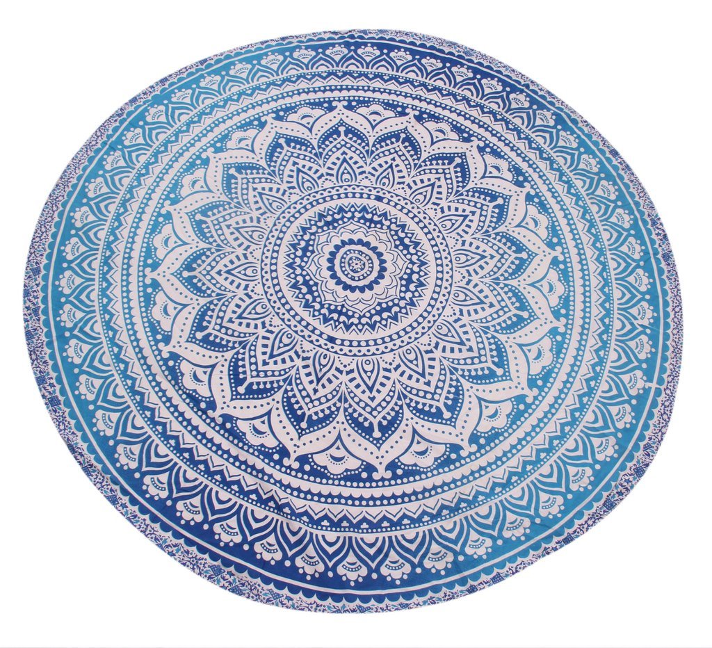 ANOKHI ART Blue Ombre Cotton Mandala Roundies Beach Throw Indian Mandala Tapestry Yoga Mat Picnic Mat Table Throw Hippy Boho Gypsy Tapestry Tablecloth Beach Towel