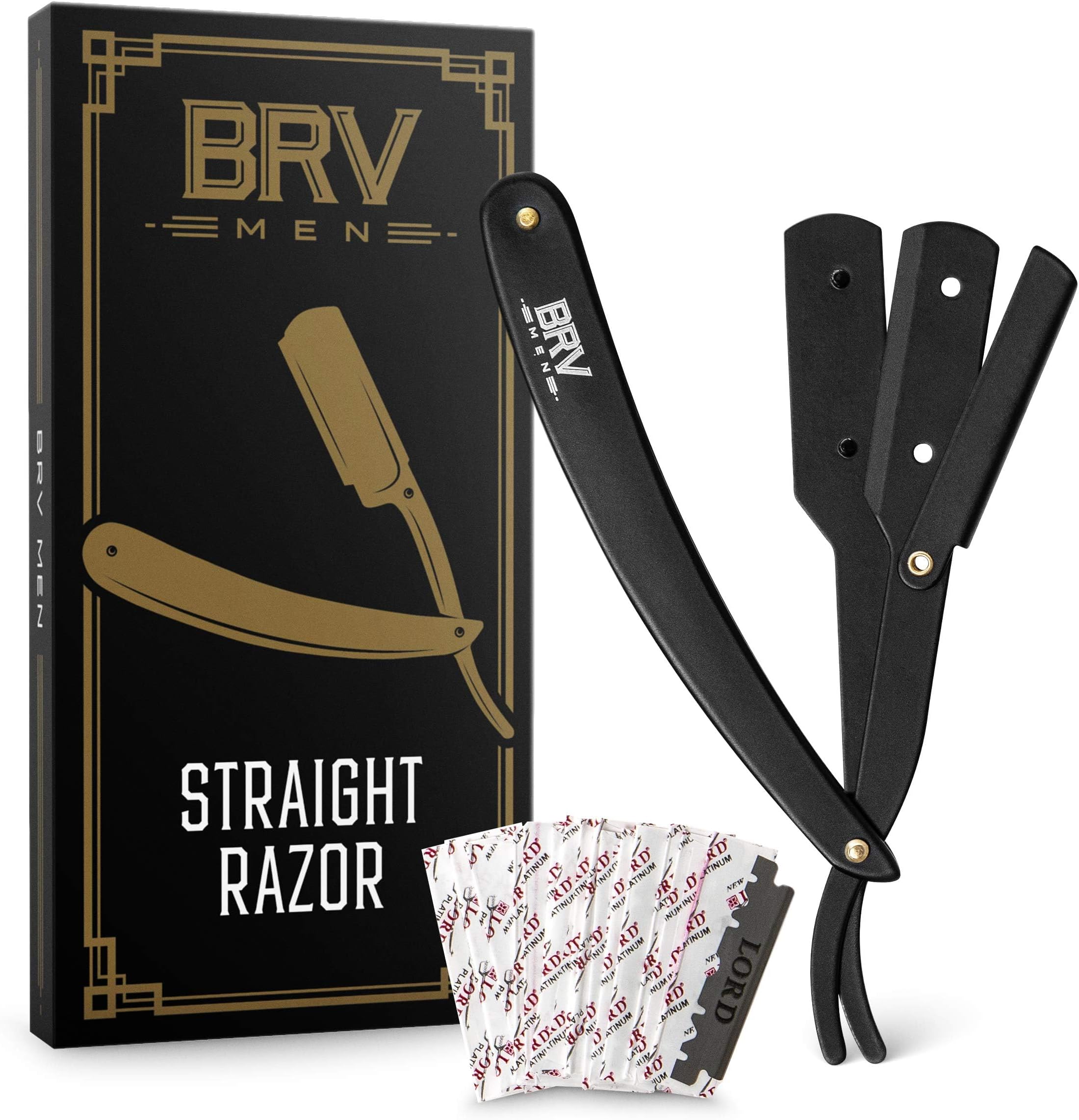 BRV MEN Professional Straight Edge Barber Razor w/ 100 Single Edge Razor Blades | Straight Razors for Men | Barbershop Accessories | Mens Shaving Knife & Shavette - Black