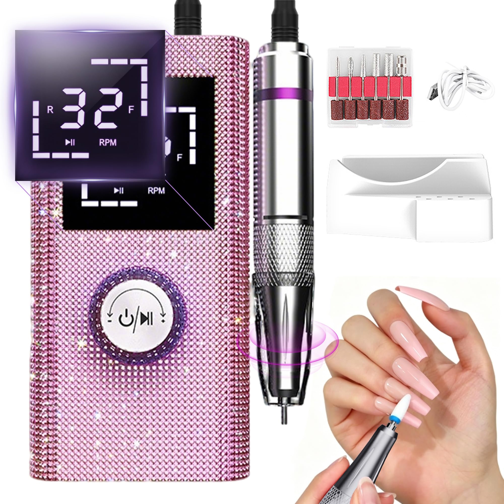 BQ-114 Pediküre Set Fußpflege Elektrisch 45.000 U/min,Wiederaufladbares Akku,Stufenlose Drehzahlregelung,8 Stunden Akku,für Acryl/Gel-Entfernung /Maniküre/Nagelformung/Nagelhautpflege/Salon (Rosa)