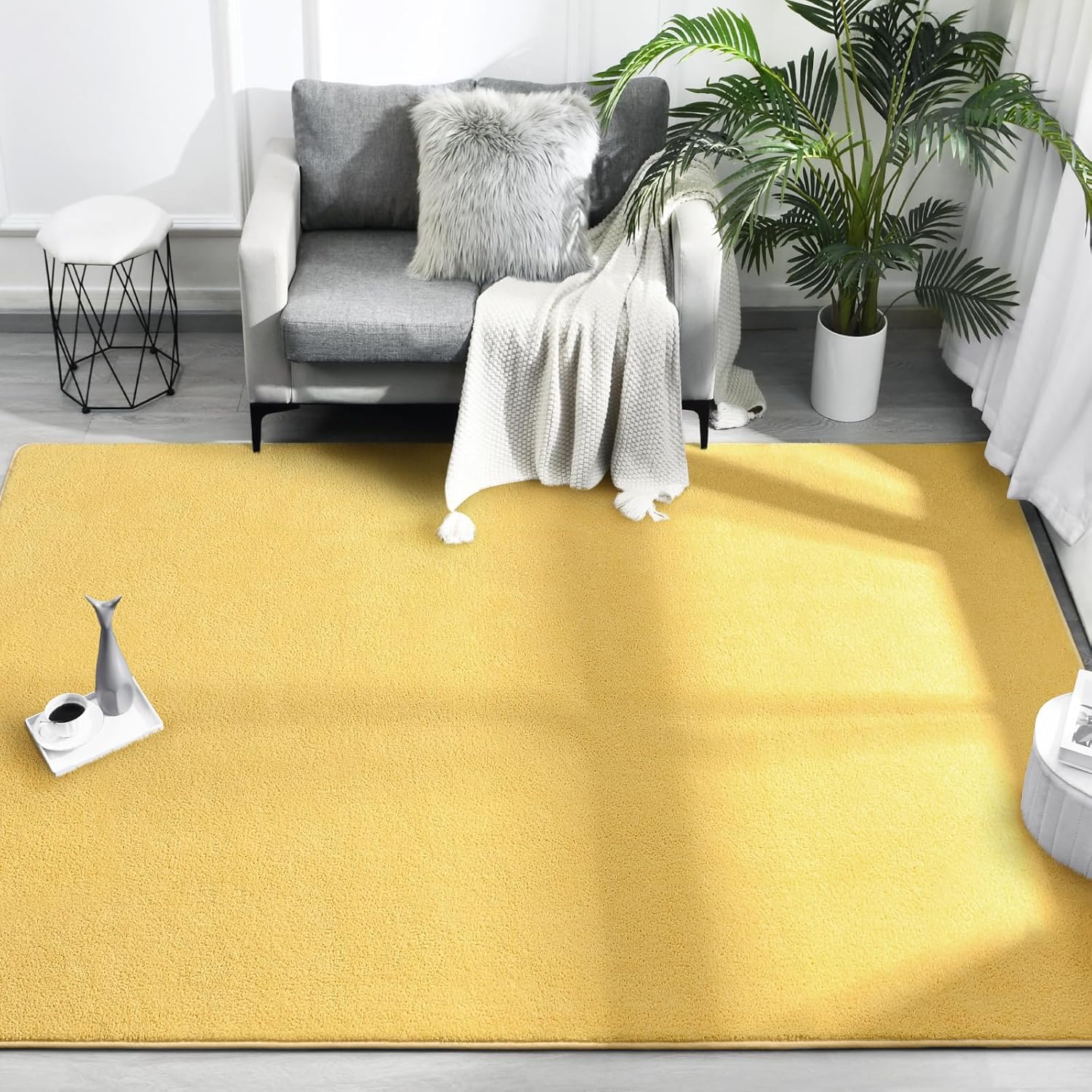 FlyDOIT Area Rugs for Bedroom Living Room, 4x6 Yellow Super Soft Comfy Thickened Memory-Foam Indoor Carpets, Modern Aesthetic Minimalist Carpet for Boys Girls Adults Apartment Nursery Home Décor
