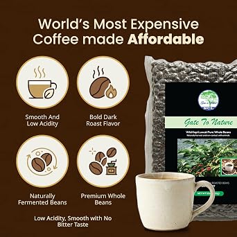 Gate to Nature Kopi Luwak Arabica Beans (Black Label Freshly Made Dark Roast, 10oz clear bag) Wild Civet Whole Beans, Cat Poop Coffee, Luxury Coffee