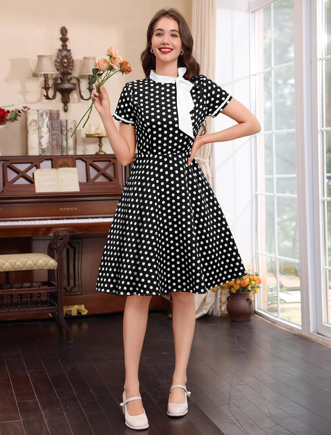 50's Style Dresses for Women Vintage Polka Dot 1950s Dress Bow Tie Neck Work Audrey Hepburn Rockabilly Cocktail Party Dress - Image 2