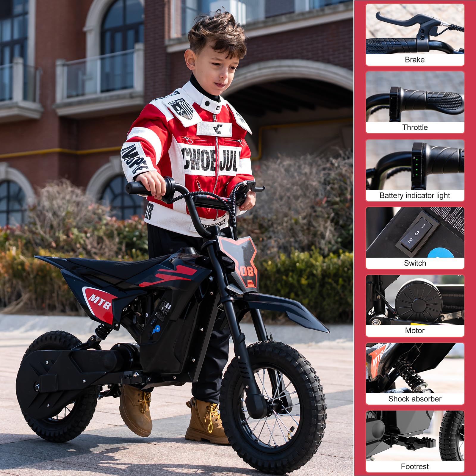 Moto Eléctrica para Niños 300W, 3 Velocidades 8/12/25 km/h, Batería 36V 5,2Ah, Autonomía hasta 18 km, Neumáticos 12 Pulgadas, Freno de Tambor, hasta 60 kg