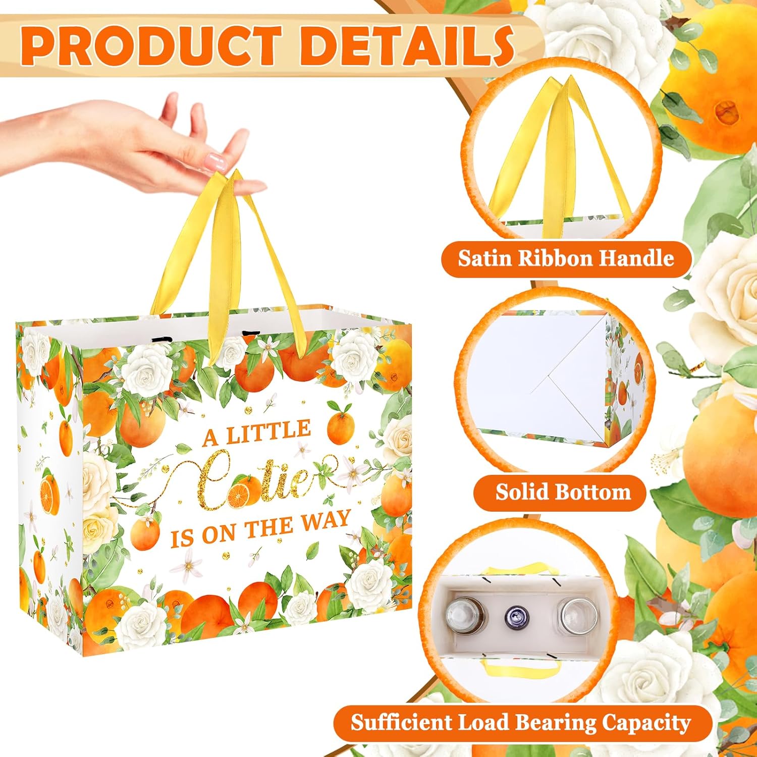 Little Cutie Baby Shower Birthday Gift Bag for Baby Girls Boys A Little Cutie is On The Way Bag with Wrapping Paper Card Orange Floral Gift Bag for Baby Shower Gender Reveal Birthday Party Supplies - Image 4