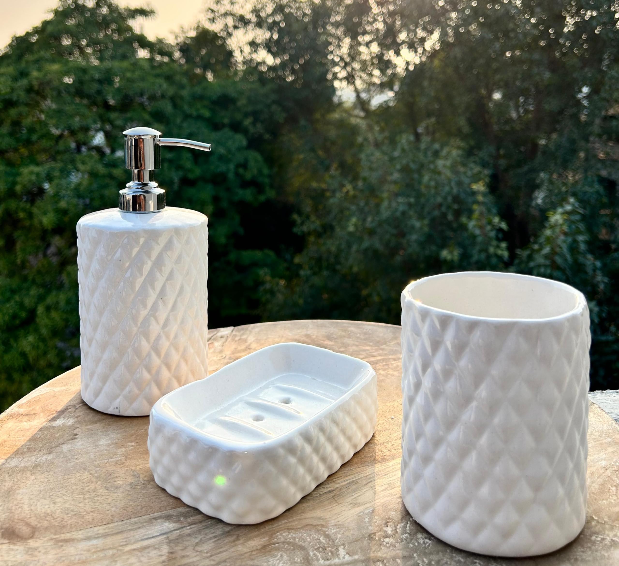 Ceramic Bathroom Accessories Set for Stylish Bathroom Décor | Liquid Soap Dispenser (Pump Dispenser - White 005), Soap Tray, Toothbrush Holder (Set of 3)