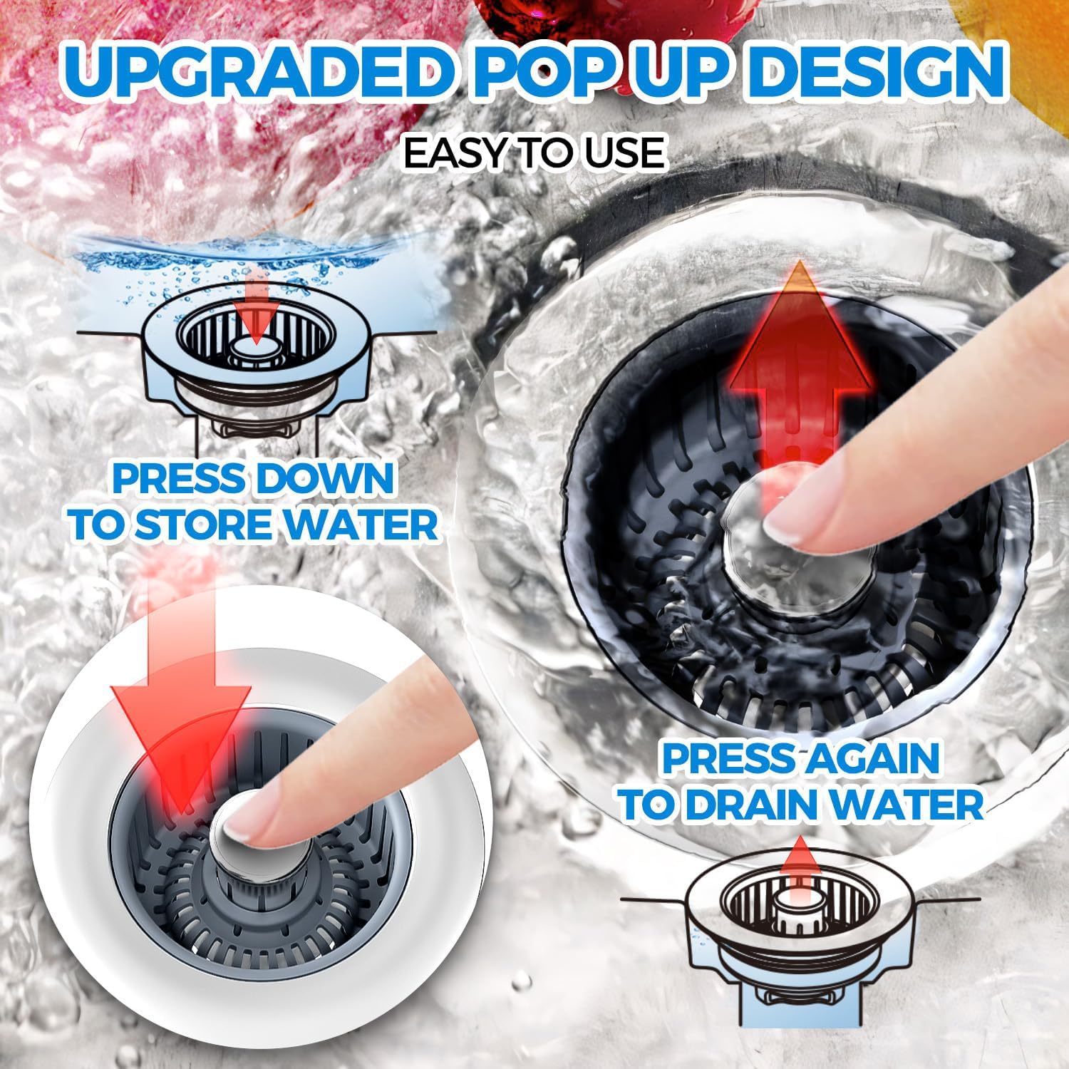 3 in 1 Kitchen Sink Drain Strainer & Sink Stopper, Upgraded Stainless Steel Drain Plug Combo with Anti-Clog Basket, Pop Up Drain Cover for Standard 3-1/2'',Garbage Disposal Parts