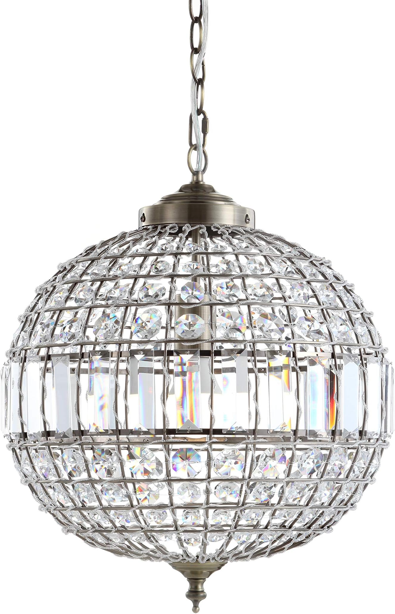 JONATHAN Y 16" Antique Brass/Clear Modern Crystal LED Pendant Light for Kitchen, Clear Crystal Shade, Glam Globe Chandelier Hanging Ceiling Lamp for Dining Room Entryway (JYL6110B)