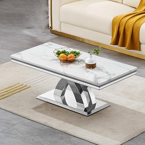 Miniatura 67 de SSLine Mesa de Centro Rectangular de Mármol Sintético para Sala de Estar, Mesa Central Moderna de Mármol Blanco de Lujo con Base de Diamante Mesa de