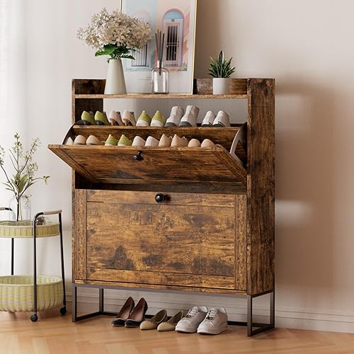 Armario de zapatos, organizador de zapatos moderno con 2 cajones abatibles, zapatero de madera para entrada, armario de zapatos independiente para
