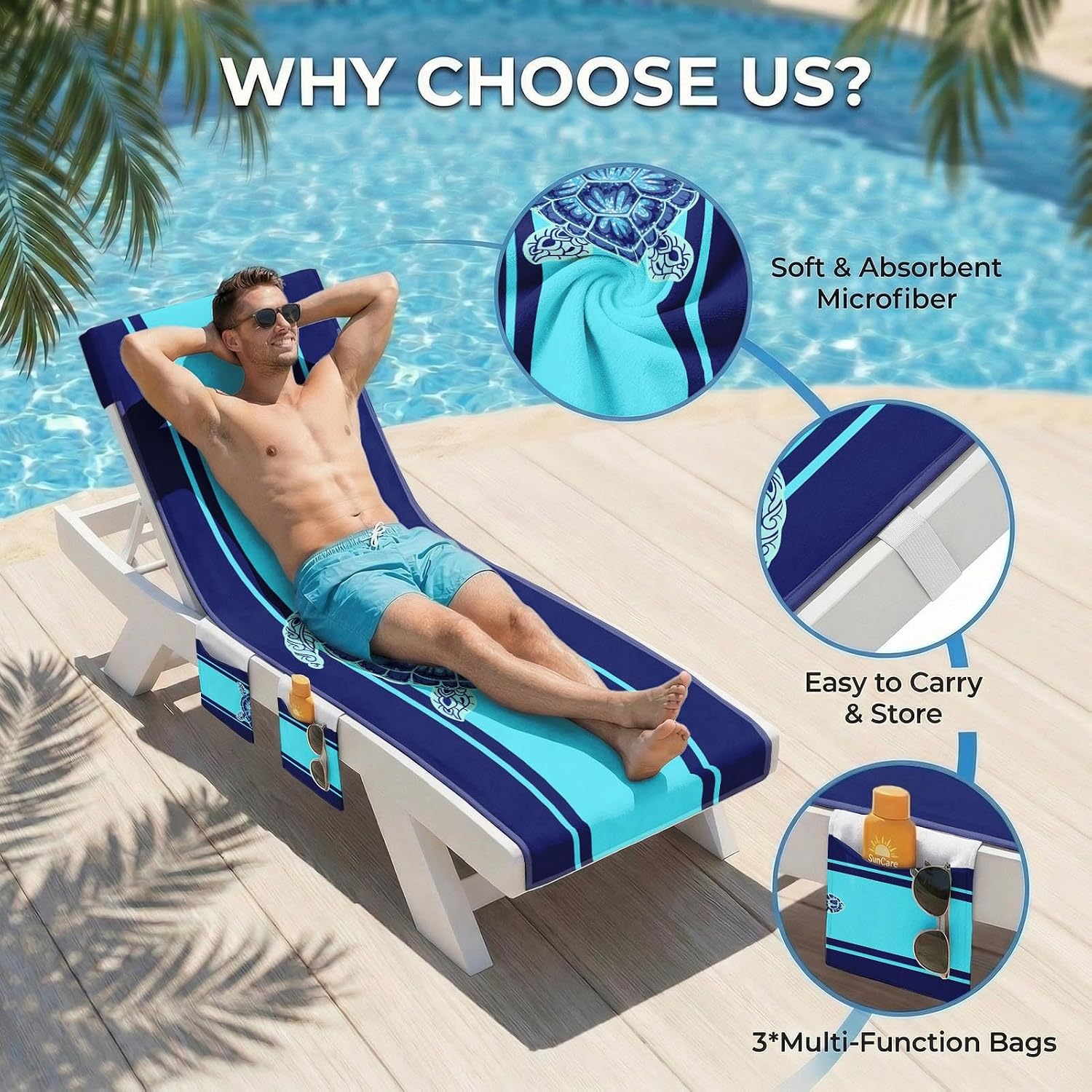 Lounge Chaise Chair Towel Covers (Pack of 2), Beach Chair Cover with 3 Pockets for Pool Outdoor Beach Garden Patio Trips,85 X30 in (Sea ​​Turtle)