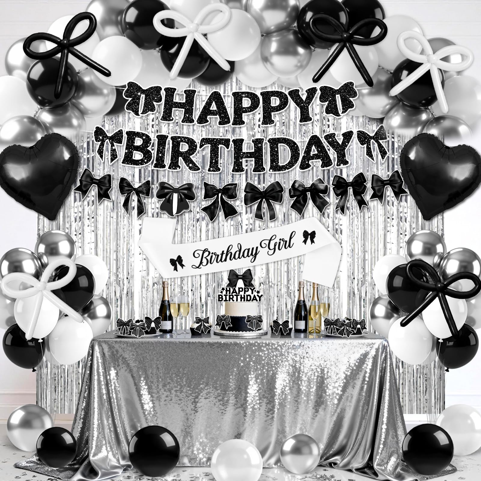 Black Bow Birthday Decoration, 72PCs Black Birthday Decorations Including Sash Balloons Silver Fringe Curtains Happy Birthday Banner Bow Garland for Women Girls Theme Baby Shower Party Supplies
