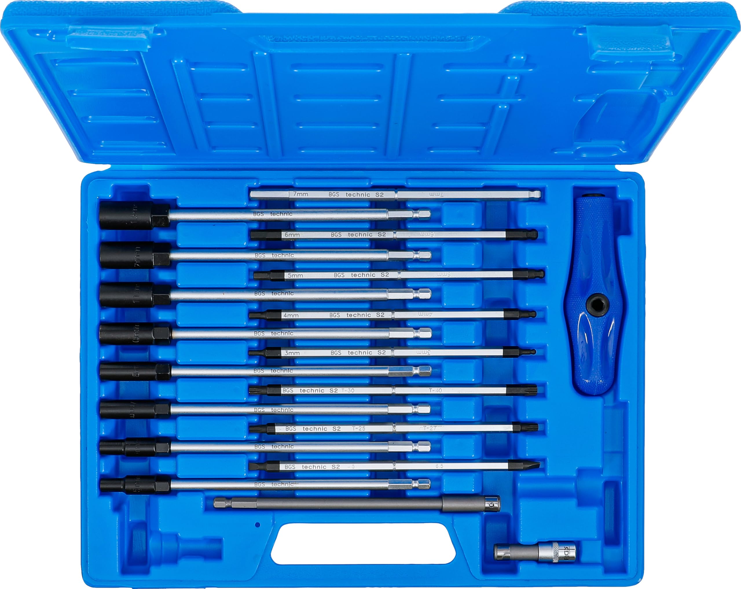 BGS 7985 | T-Griff-Schraubendreher- und Steckschlüssel-Satz | 19-tlg. | 2-Wege-Handgriff | Bitadapter & Bithalter | 8 Bit-Klingen | 8 Steckschlüssel-Einsatz-Klingen | Chrom-Vanadium-Stahl