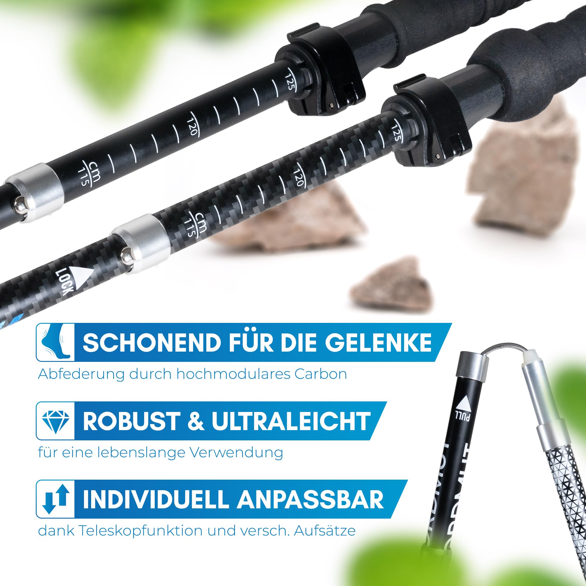NORDMUT® Wanderstöcke faltbar aus ultraleichten Aluminium oder Carbon - ab 1,50m oder 1,65m - stabile Faltbare Wanderstöcke mit ergonomischen Griffen - Robuste Trekkingstöcke mit kompakten Packmaß