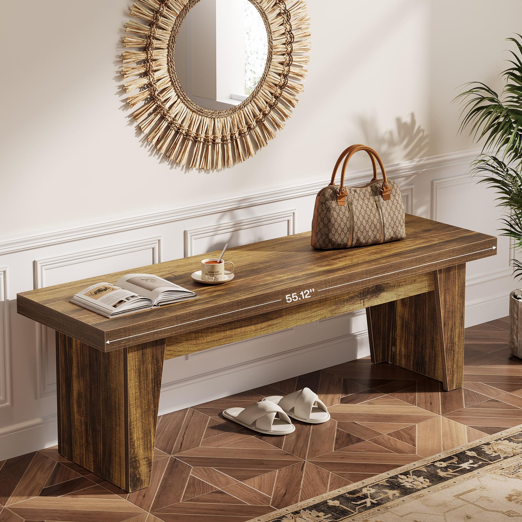 Tribesigns 55" Wooden Entryway Bench, Farmhouse Long Entry Seat, Indoor End of Bed Stool with Storage Capability for Hallway, Living Room, Bedroom, Easy Assembly, Dark Brown