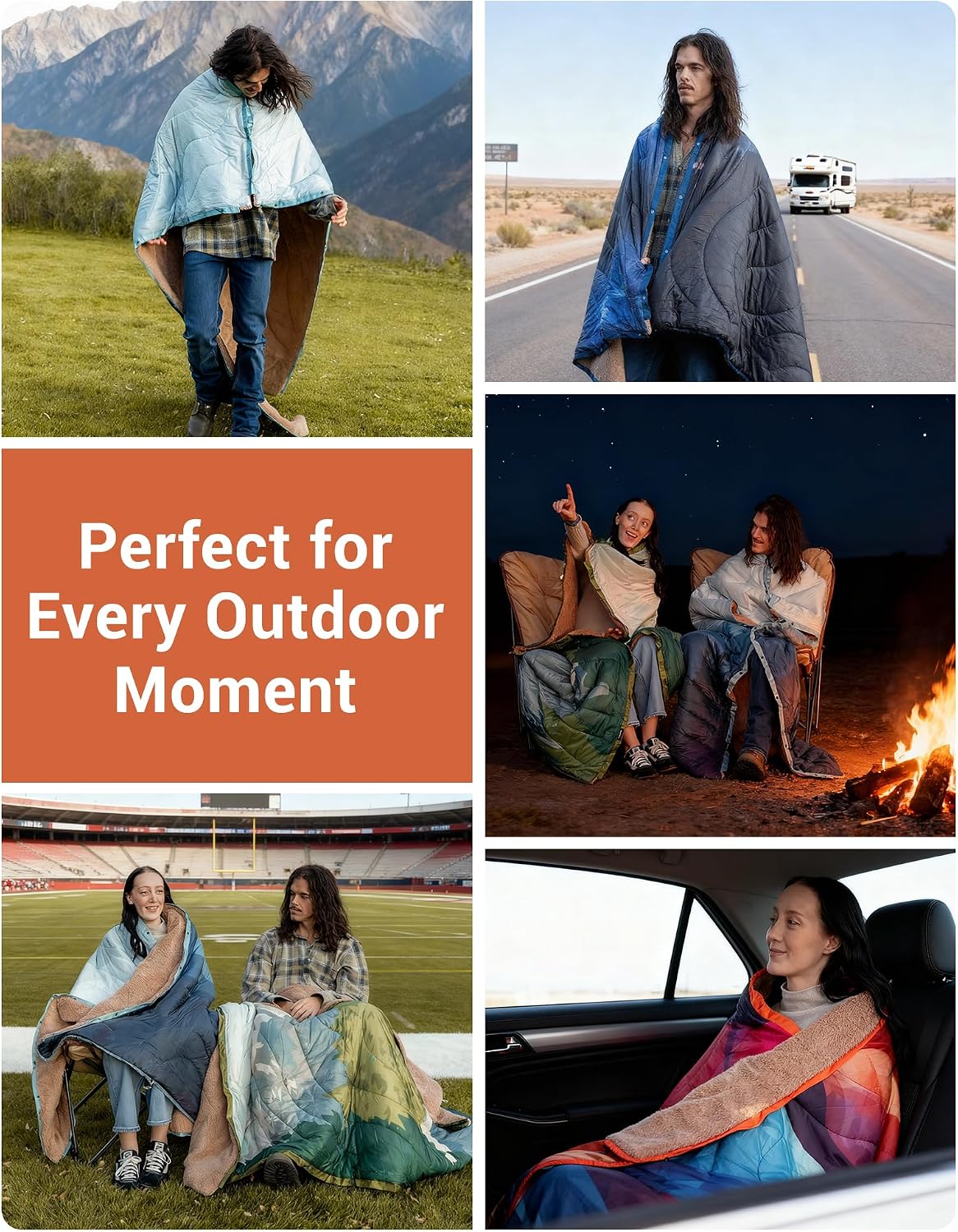 KingCamp Large Camping Blanket with Sherpa Lining, Packable Down Alternative Puffy Printed Wearable Blanket with Snap Buttons, Warm Weatherproof Quilt for Outdoor Travel (79" L x 57" W, Peak)
