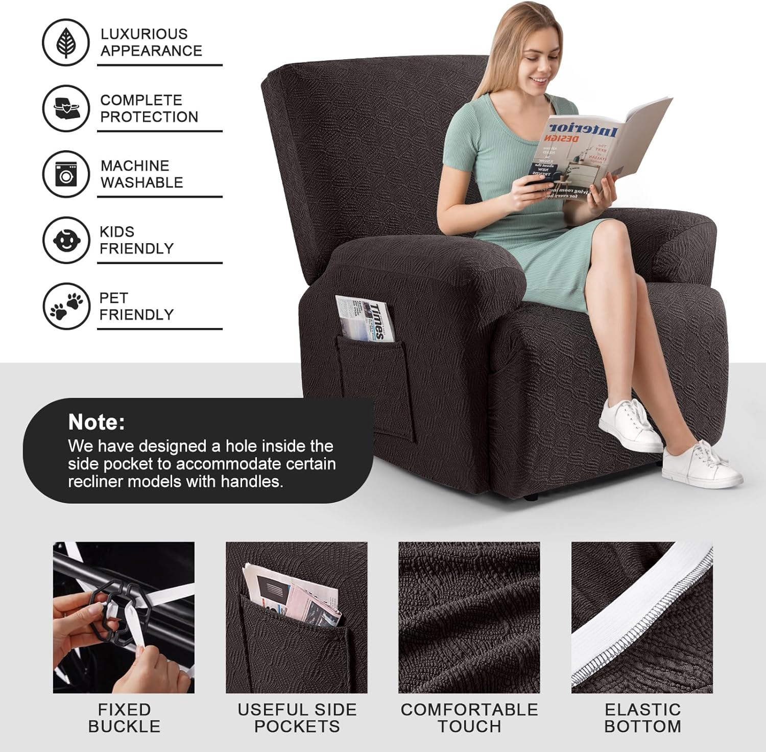 Timeles Recliner Covers Recliner Chair Covers Reclining Couch Covers Sofa Slipcovers Stretch Soft Washable (Single-Seater, Chocolate)