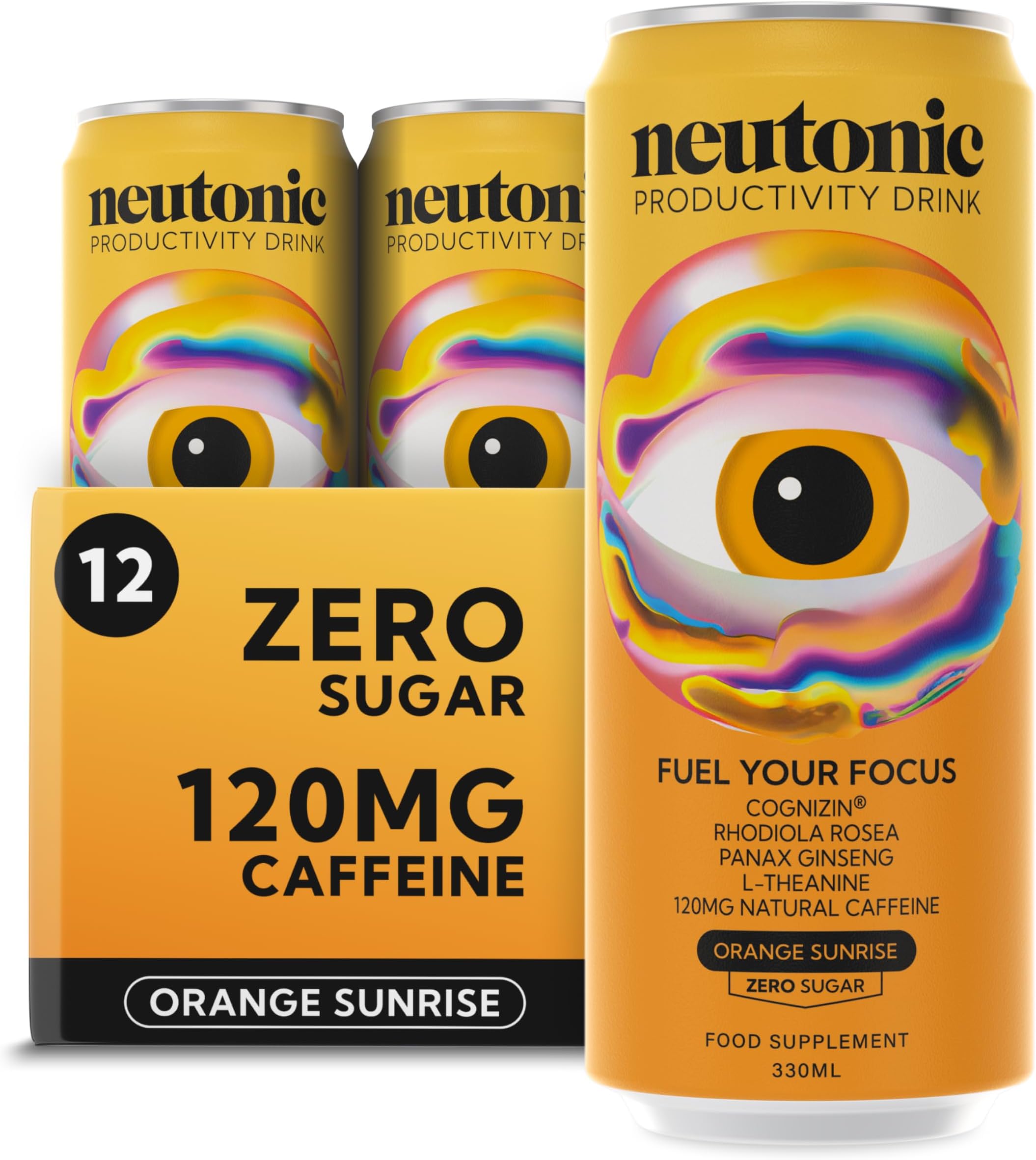 Neutonic Nootropic Productivity Energy Drink | Orange Sunrise 12 Cans | 120mg Natural Caffeine, Zero Sugar | Support Energy, Mental Performance, Cognitive Function | Support Focus, Brain Health