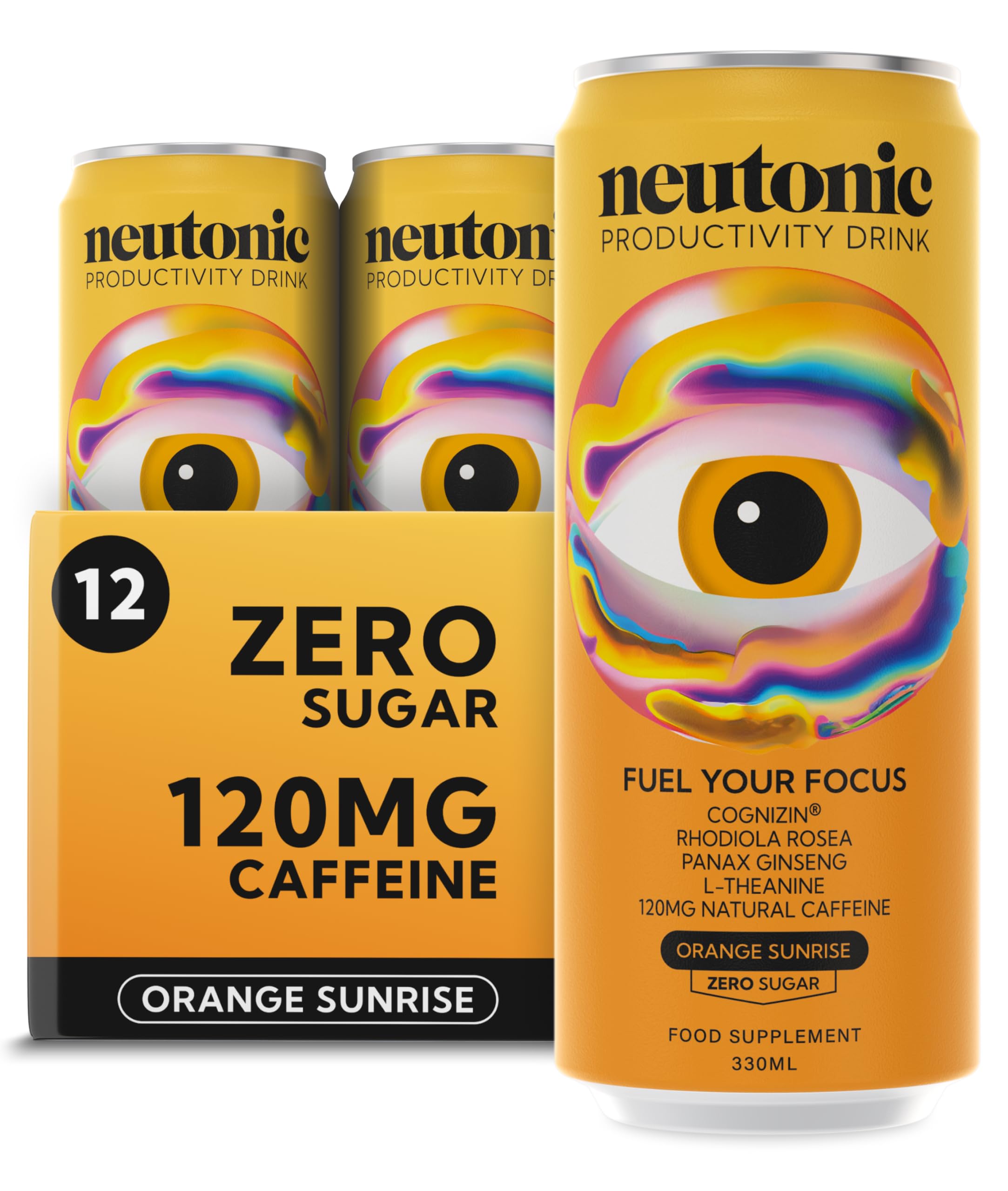 Neutonic Nootropic Productivity Energy Drink | Orange Sunrise 12 Cans | 120mg Natural Caffeine, Zero Sugar | Support Energy, Mental Performance, Cognitive Function | Support Focus, Brain Health