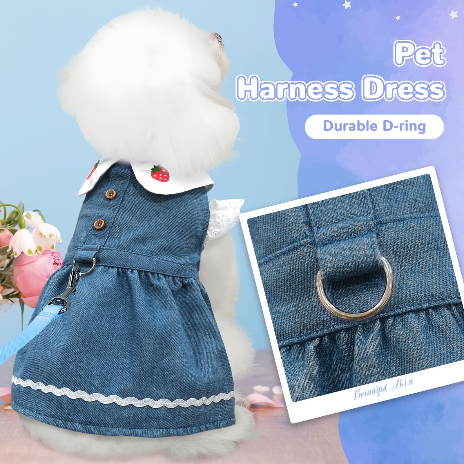XGDMEIL Denim Dog Dress for Small Dogs Cats Cute Girl Dog Clothes Cute Strawberry Female Pet Dresses Spring Summer Pet Outfits for Chihuahua Yorkie Shih Tzu(Dark Blue,X-Small)