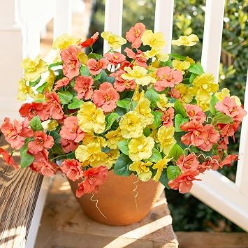 Fake Hibiscus Artificial Flowers for Outdoors Spring Summer Decoration, 6 Bundles Silk Hibiscus Flowers Bouquet UV Resistant Look Real Faux Plants for Outside Planter Front Door Porch Balcony, 2MixHC