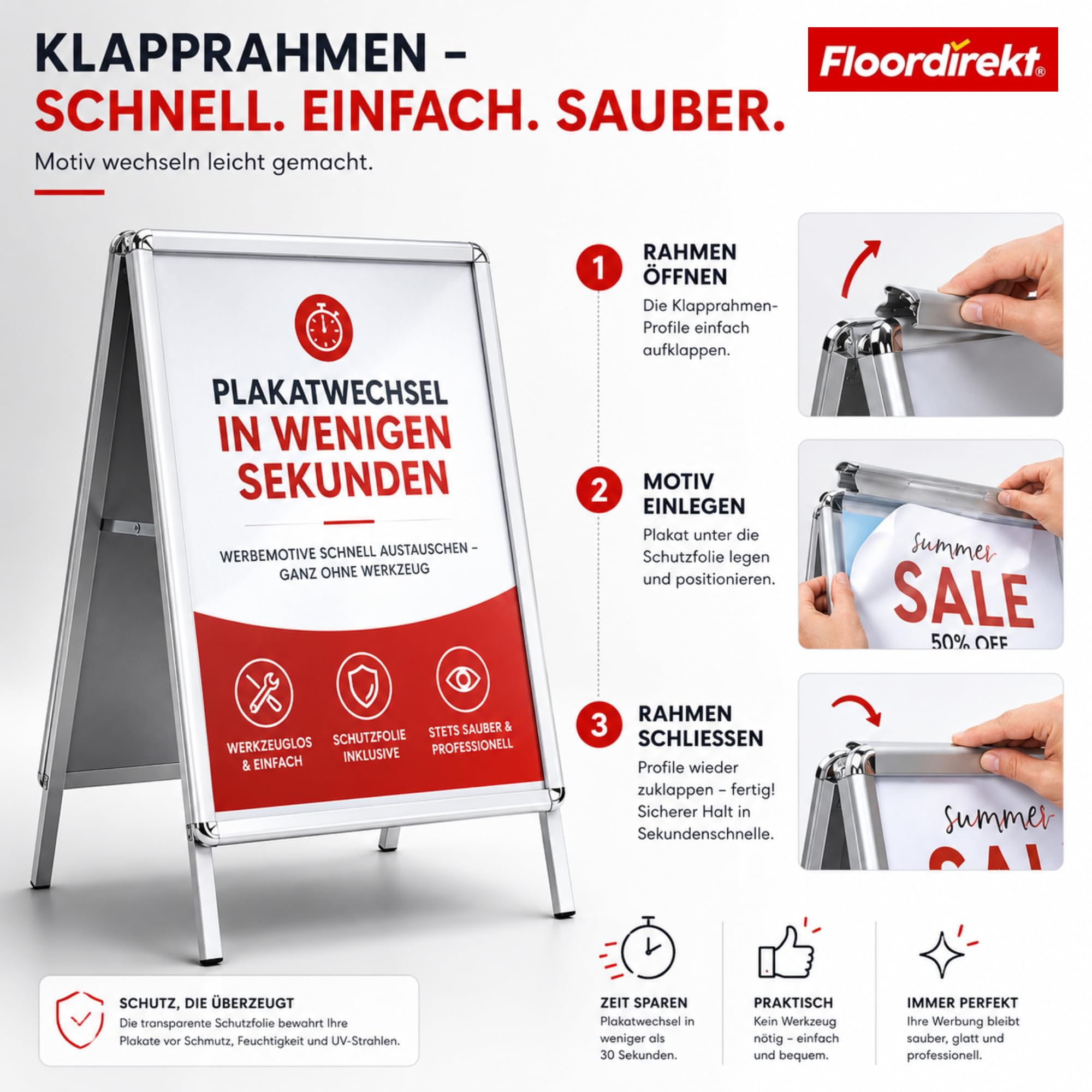 Floordirekt Kundenstopper DIN A1 - beidseitig für 2 Plakate mit Alu Rahmen 25mm - inklusive Schutzfolie - wetterfester Plakatständer - Gehwegaufsteller Werbetafel