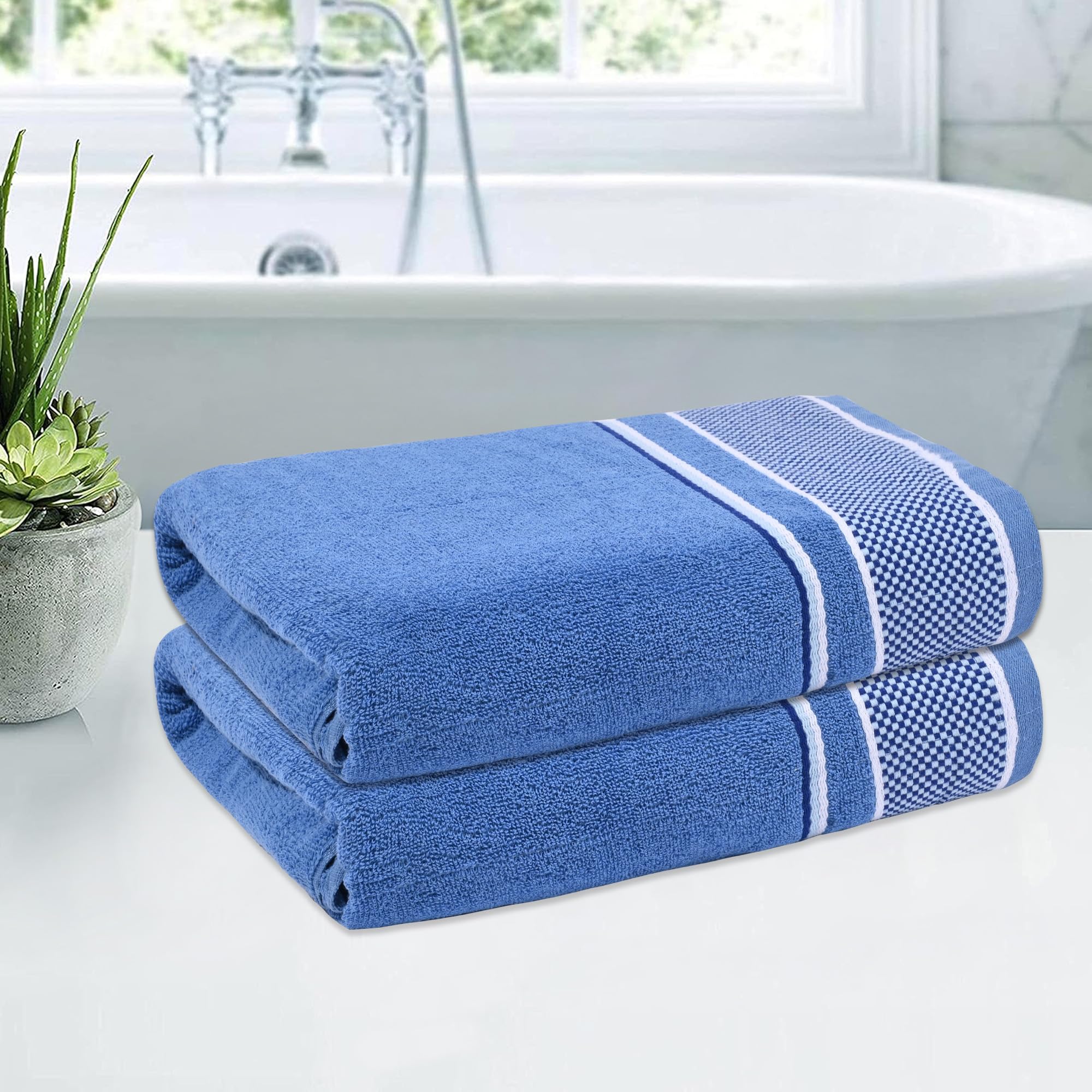 Kuber Industries Pack of 2 Bath Towel | Highly Absorbent Bath Towel | Bath Towel for Men | Towel for Bath-Gym-Travel | 144 GSM Cotton Bathroom Towel | Check Border | 30x60 Inch | Light Blue (B0D2LMDGMJ) Amazon Price History, Amazon Price Tracker