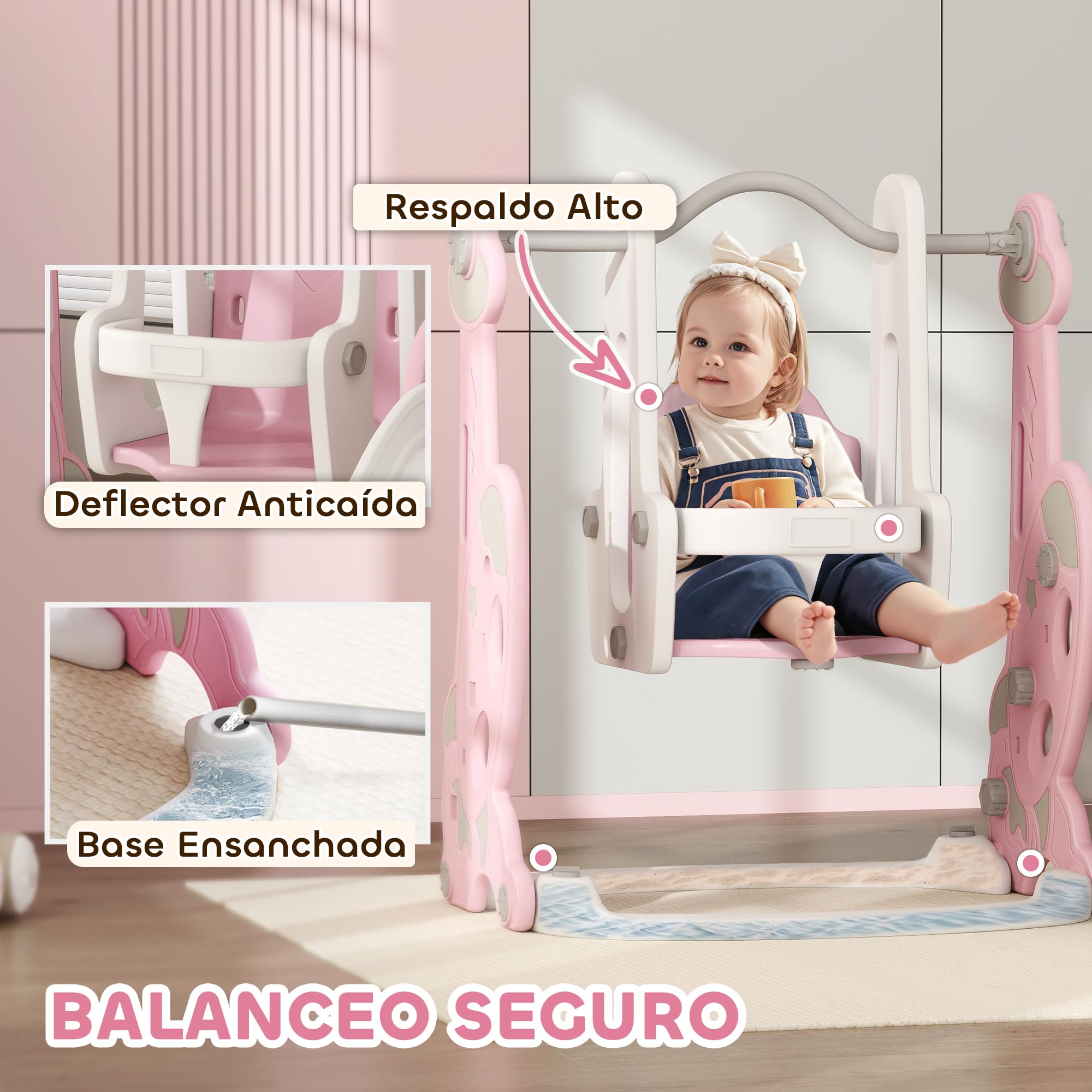 AIYAPLAY Tobogán Infantil 4 en 1 Parque Infantil con Columpio y Tobogán Escalador Aro de Baloncesto Temática de Cohete para Interior Rosa y Blanco