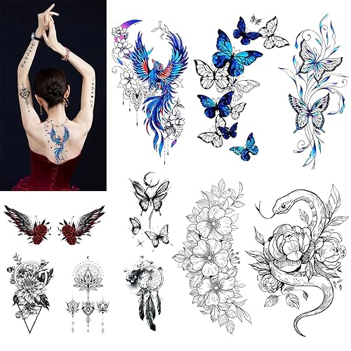 Casciybo Tatuajes temporales de mariposa de flores para mujeres y niñas 12 hojas grandes impermeables con hombros en los brazos tatuajes falsos para