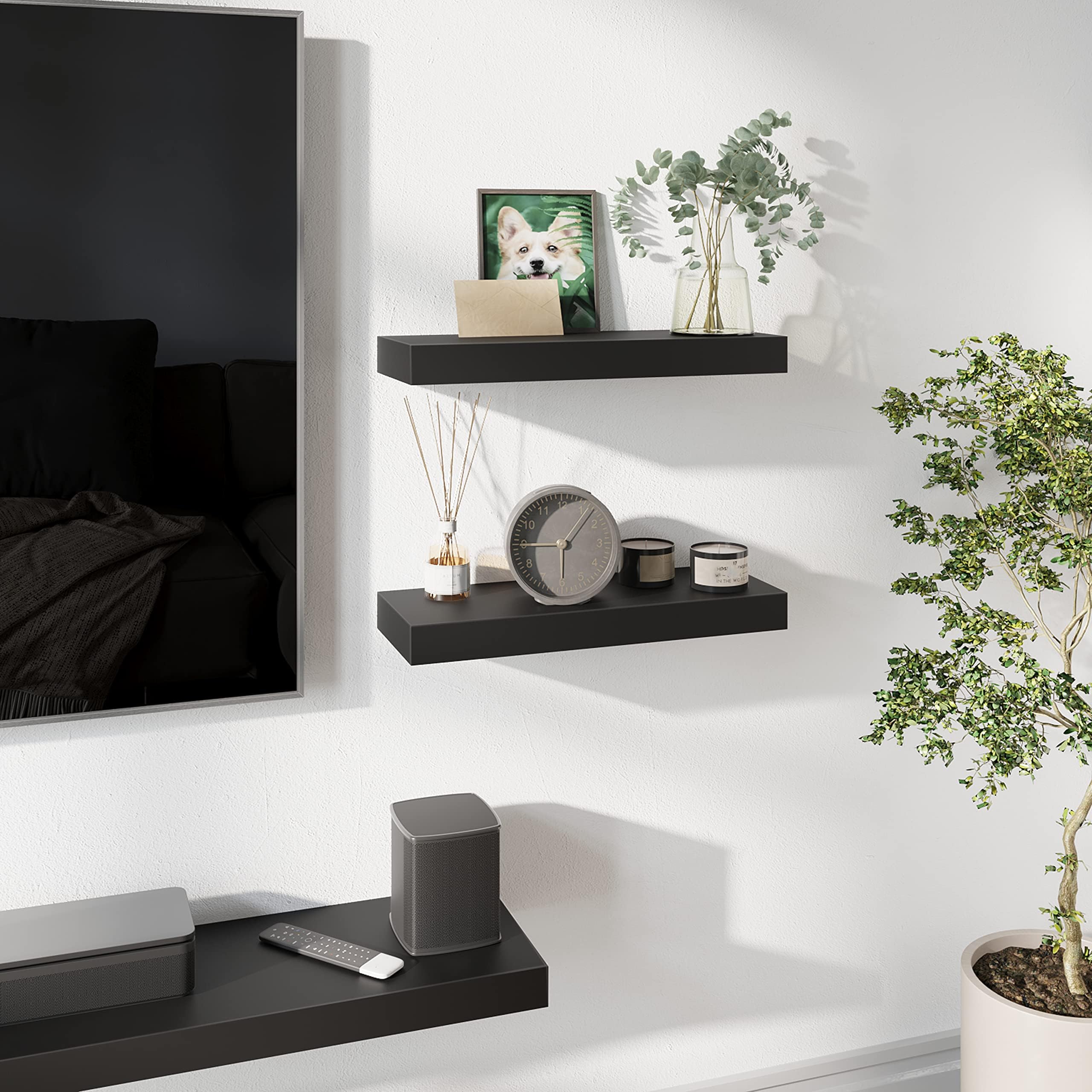 BAMEOS Lot de 2 étagères murales flottantes en Bois Noir avec Supports Invisibles pour Chambre à Coucher, Salle de Bain, Salon et Cuisine