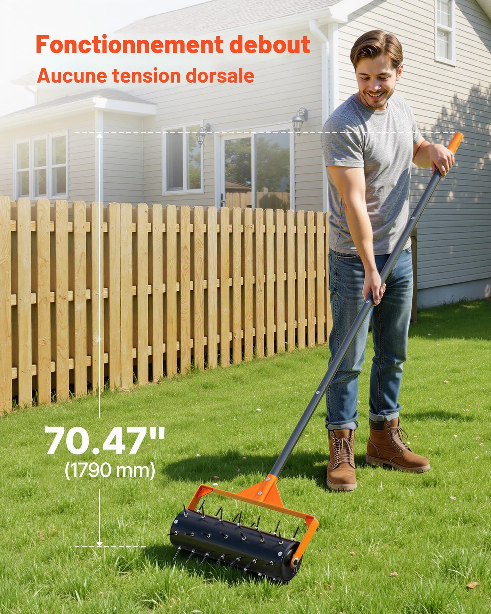 VEVOR Aérateur de Pelouse Roulant 41 cm Aérateur de Gazon Manuel à Pousser Outil d'Aération de Terrasse pour Sols Compactés dans Jardin Cour, avec 42 Pointes 5,5 cm, Manche Long, Rouleau Remplissable