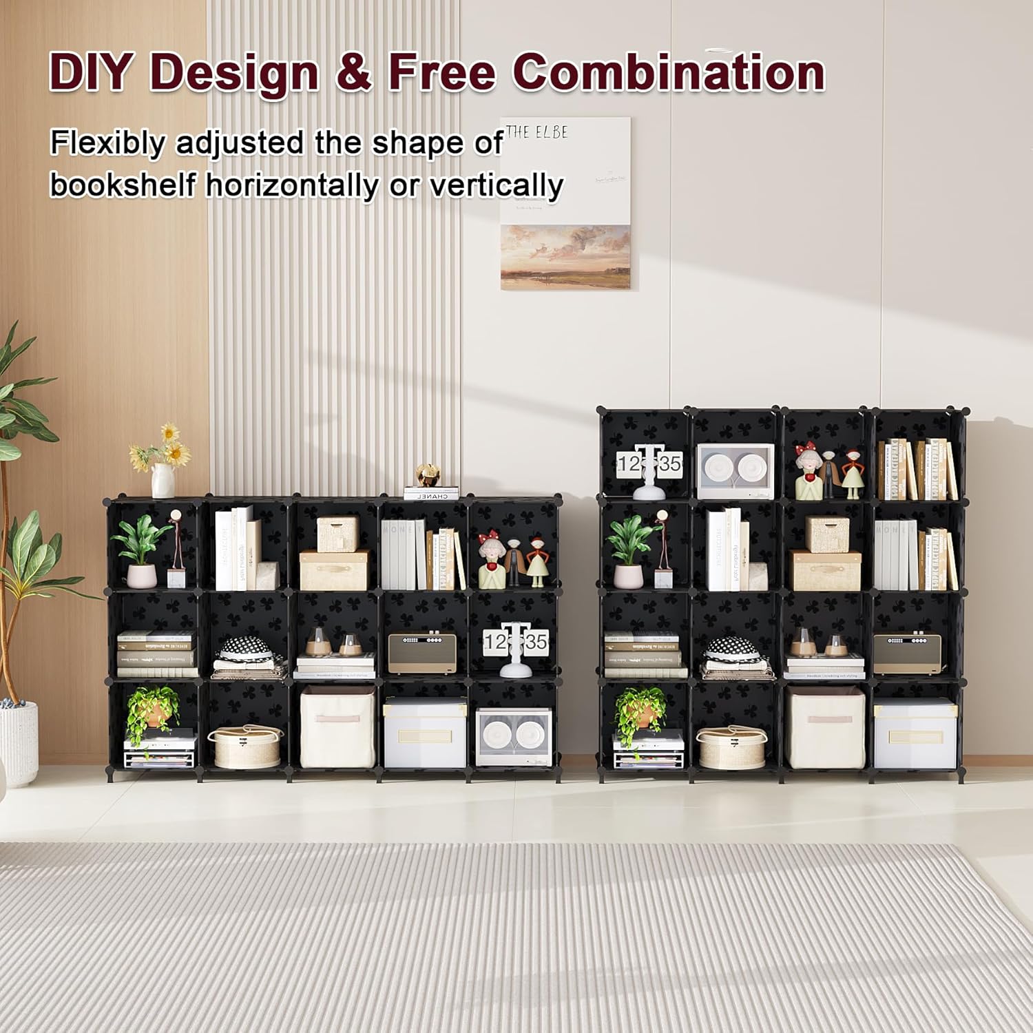 UNKU Cube Storage Organizer, 16 Cube Closet Organizer Storage Shelves, DIY Stackable Bookcase, Clothes Organizer Shelf for Closet, Bedroom, Living Room, Cabinet, Home, Office, Black