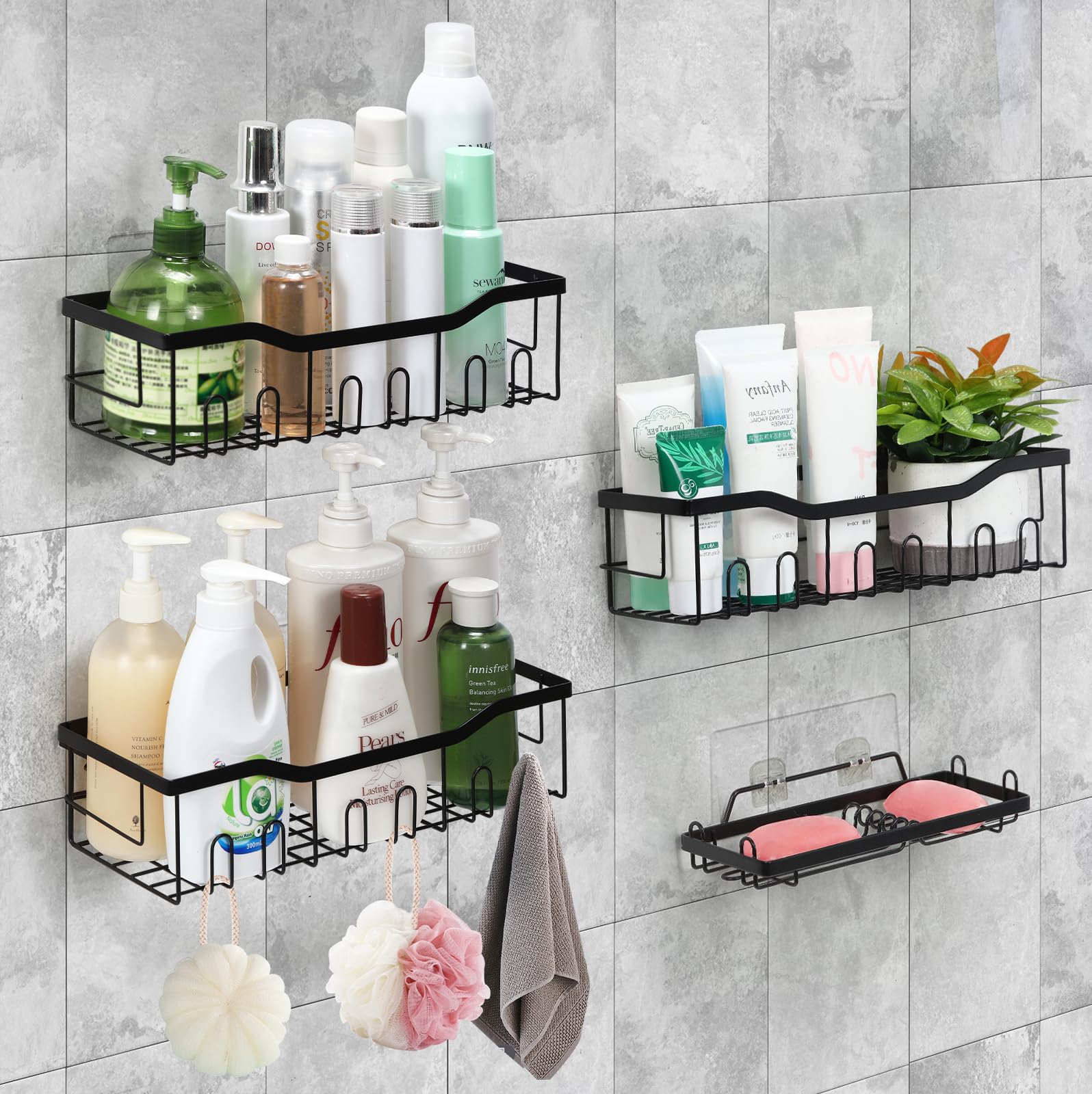 Shower Caddy 4 Pack Bathroom Storage Baskets Wall-mount with Adhesive Hook Black Metal Shower Storage Organizer Shelves Rack