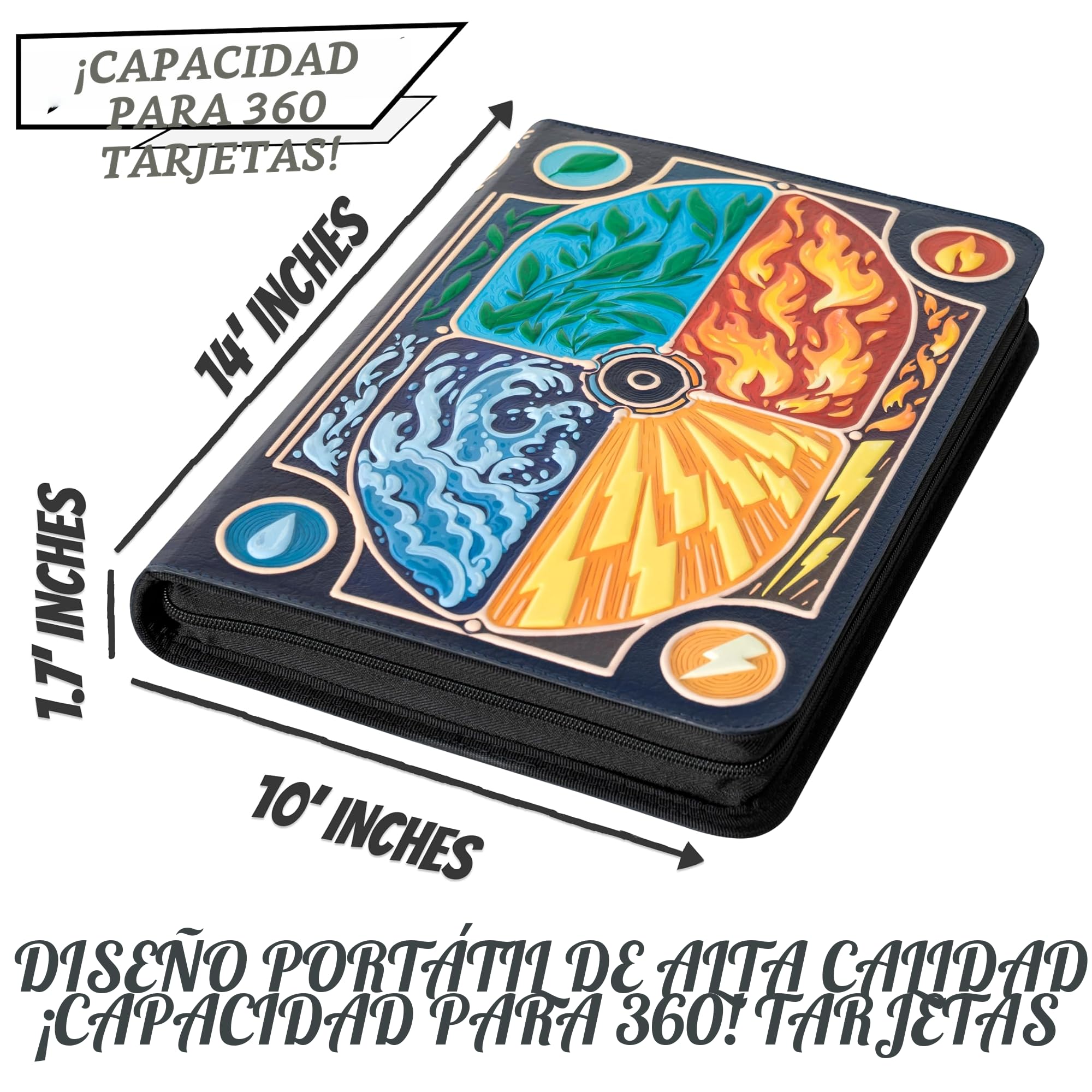 3D Album Cartas para Pokemon - Diseño 3D Elemental en Relieve en Cuero PU. Archivador Cartas con Cremallera e 9 Bolsillo para 360 tarjetas. Card Binder/Album para Cartas Pokemon Grande