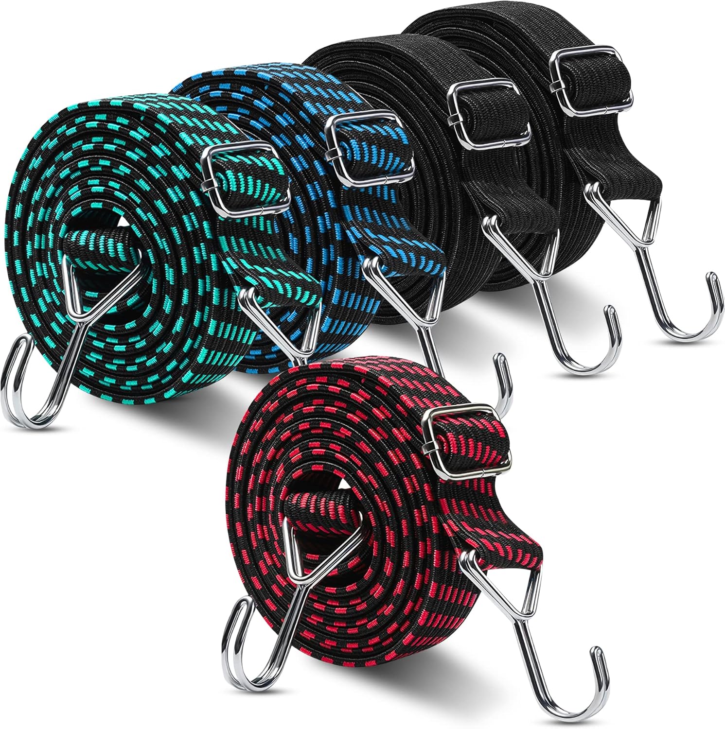5 Pack Adjustable Bungee Cords with Hooks 80 inches, Color Flat Stripe Bungee Cords for Outdoor, Adjustable Length Metal Buckle Hook，for Fixed Heavy Duty Cargo, Outdoor Bike Rack, Camping