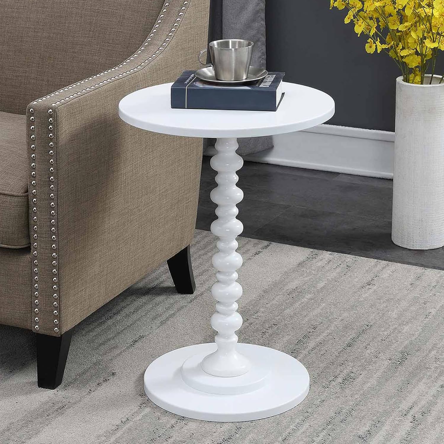 Convenience Concepts Palm Beach Spindle Table 17.75" - Traditional Round End Table for Living Room, Turned Solid Wood Side Table, Classic Display Pedestal Table, White