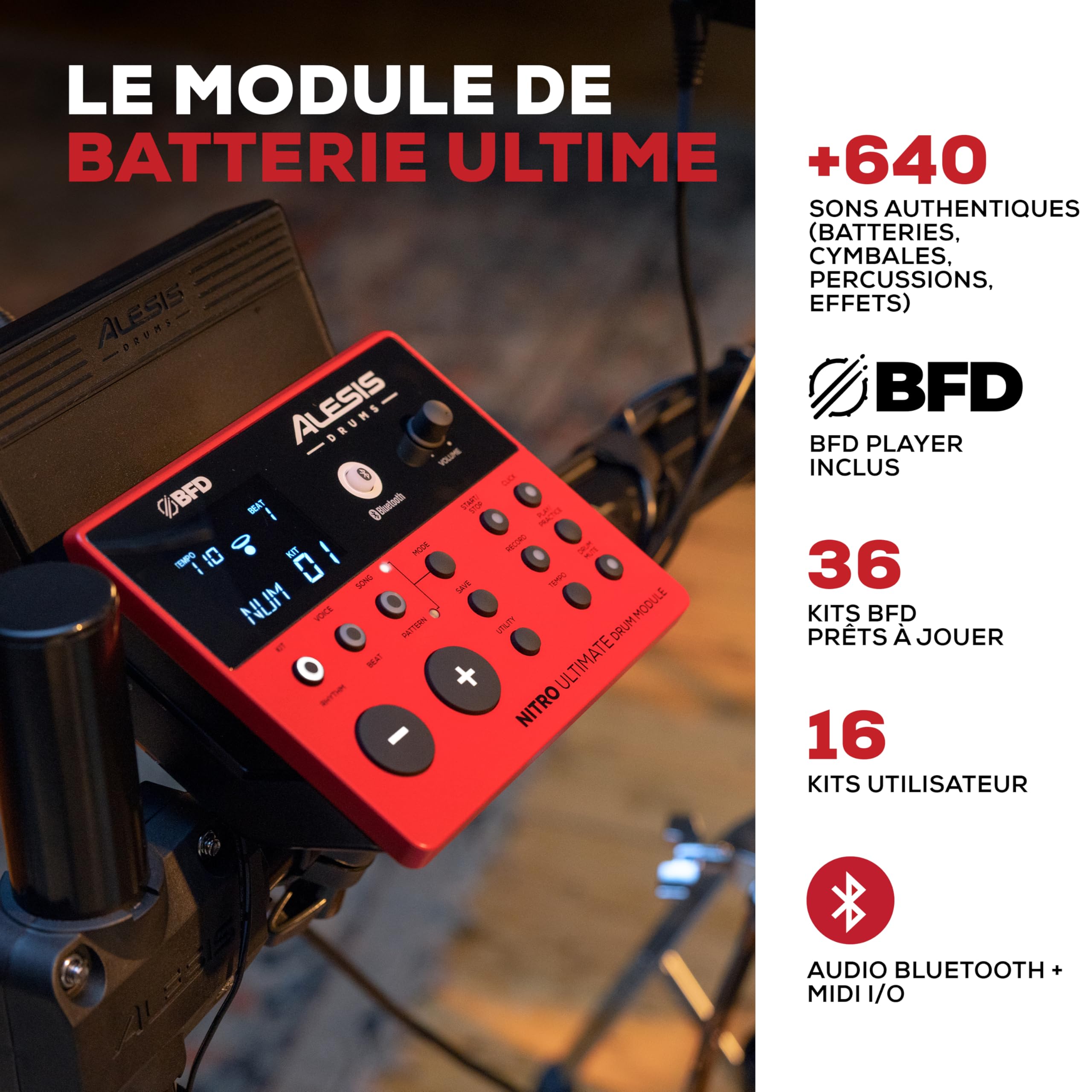 Alesis Nitro Ultimate Batterie Électronique avec Pads Maillés à Double Zone, Charleston Autonome, 640 Sons BFD Authentiques et 52 Kits, Bluetooth, Drumeo, USB MIDI, Compatible Double Grosse Caisse | 52 kits, 640 sons plus, audio Bluetooth, Hi-Hat mobile m