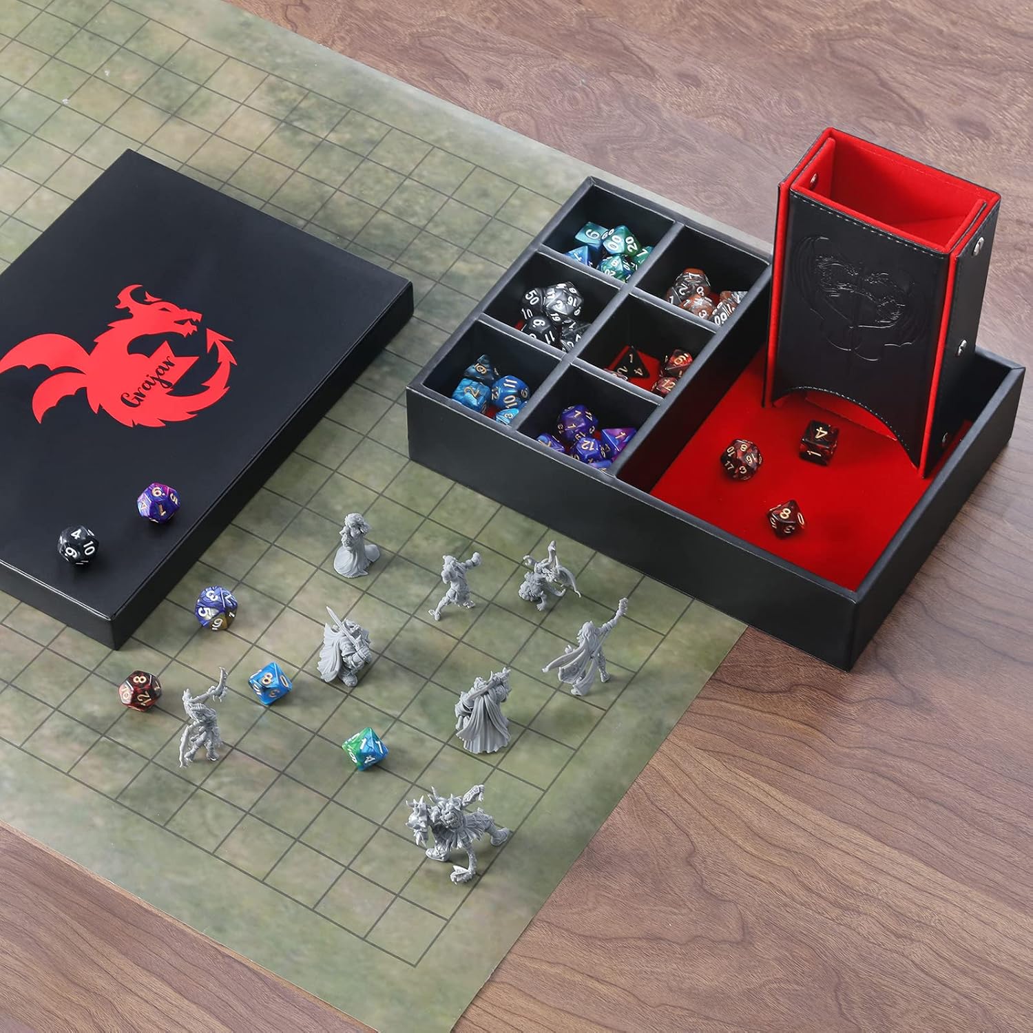 Grajar DND Dice Tray and Tower: Portable Dice Storage with Lid for Dungeons and Dragons, D&D, RPG, MTG & Table Games (Red)
