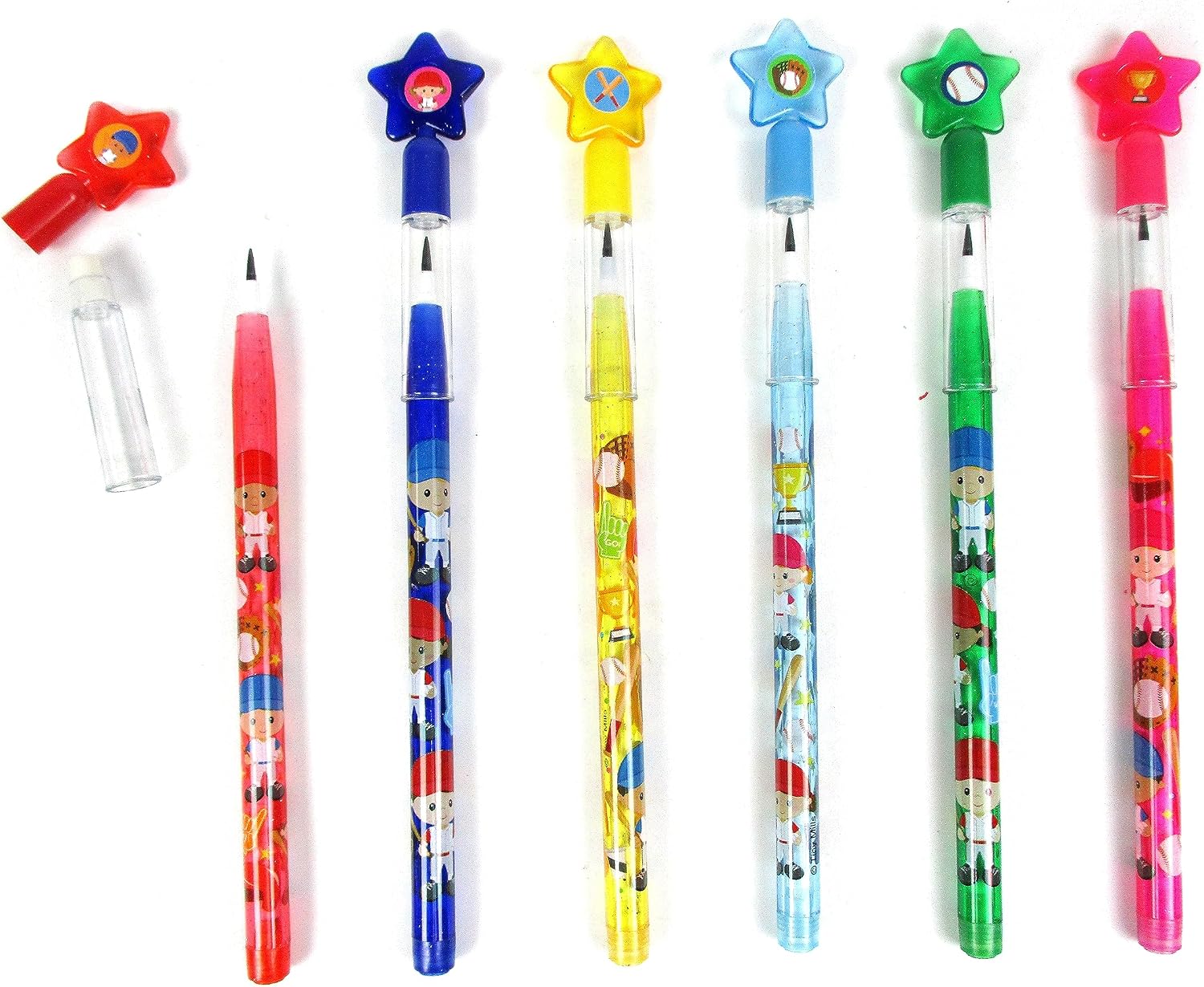 TINYMILLS 24 Pcs Baseball Stackable Push Pencil Assortment with Eraser for Party Favors Goodie Bag Stuffers Sports Baseball Team Party