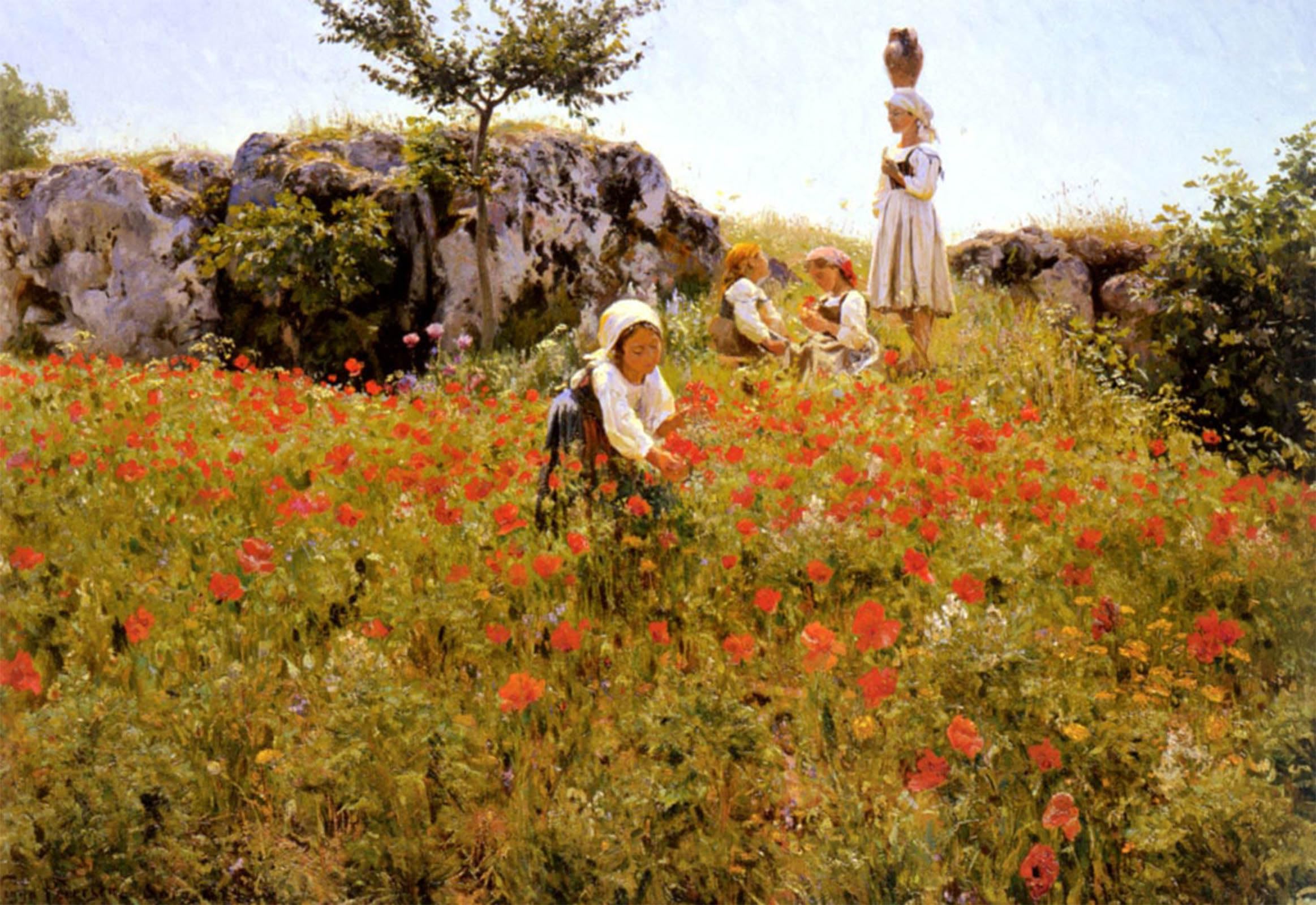 SERENDIPITP Abstract Painting Mural Print Picture Wall Decor Painting Picking Poppies Sora Viggo Christian Frederick Pedersen Vintage Wall Artwork for Home Decor 60x90cm
